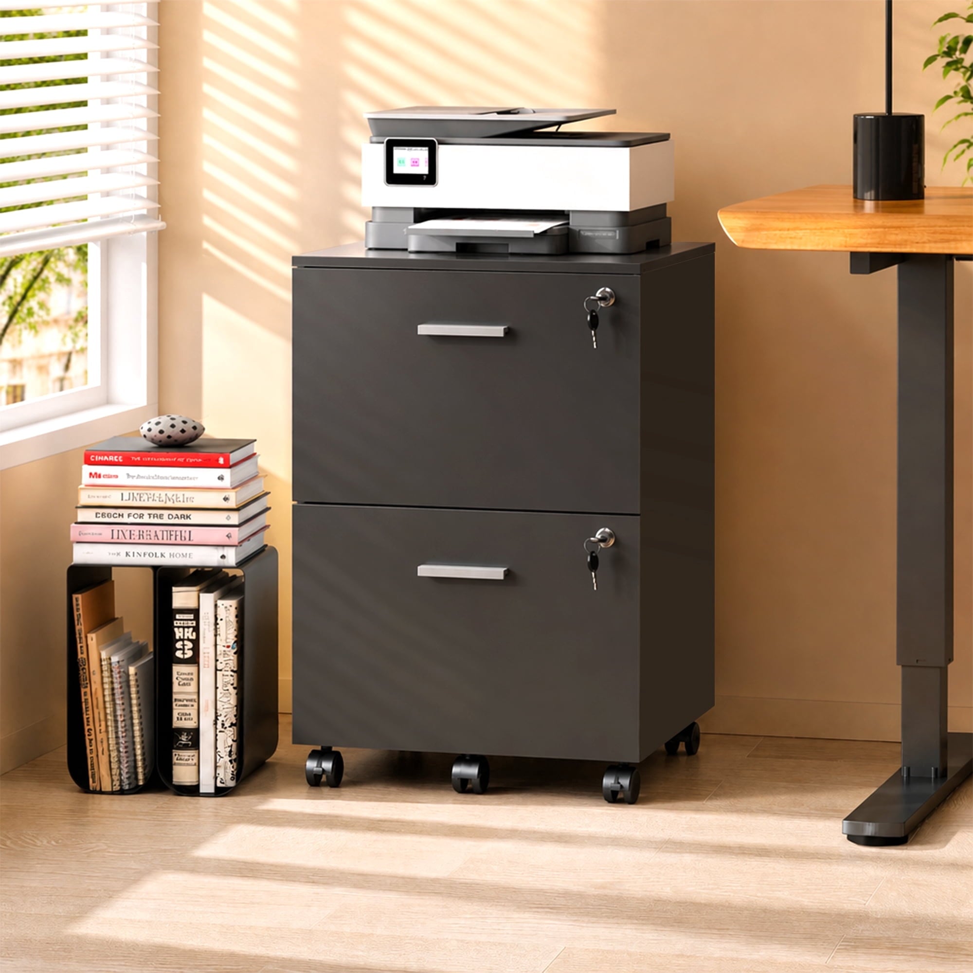 GALAXHERO 2 Drawer Filing Cabinet with Lock, Wooden Printer Stand with Storage for Home Office, Mobile Locking File Cabinet Fits Letter/A4 Hanging Files