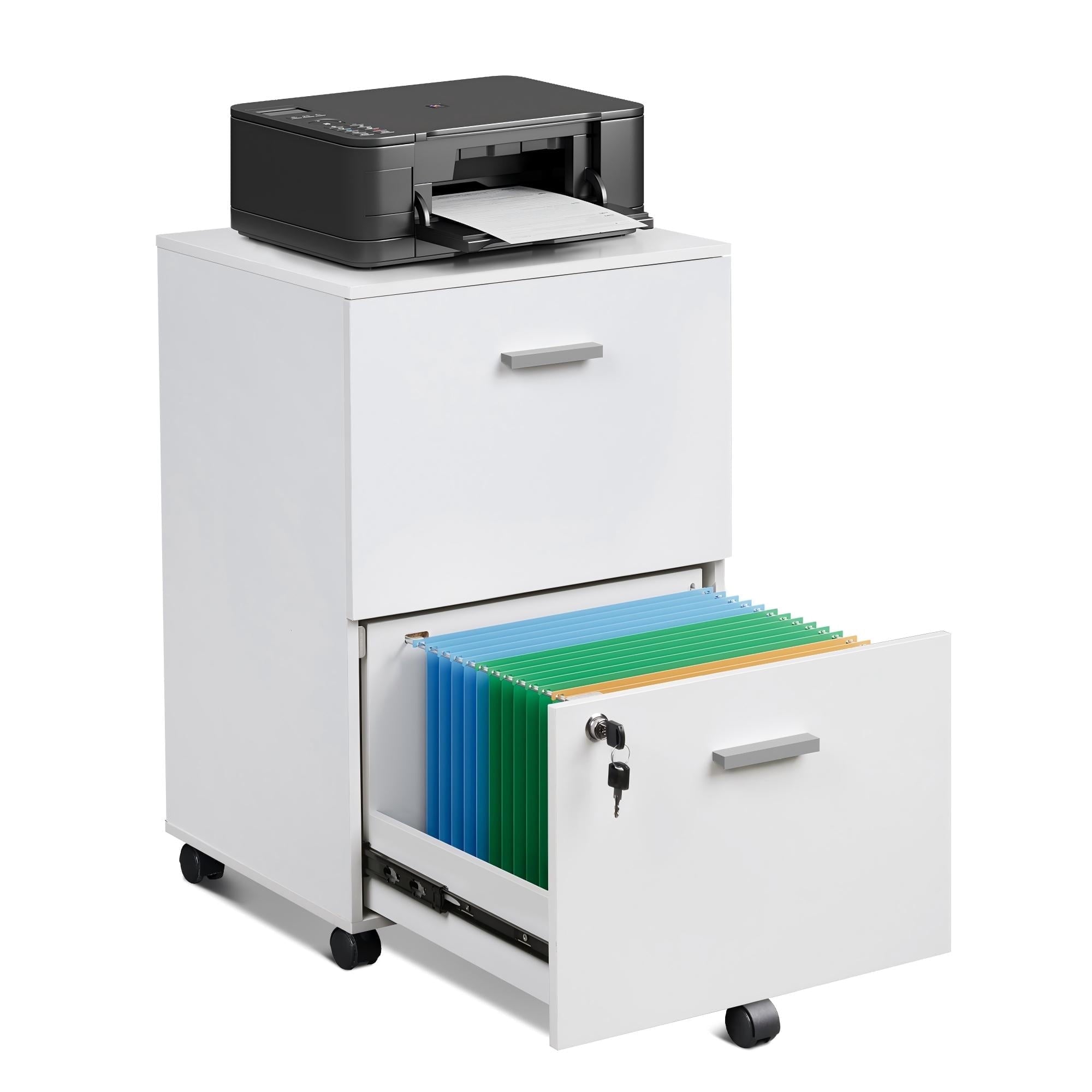 GALAXHERO 2 Drawer File Cabinet with Lock, Wood Printer Stand for Home Office, Mobile Storage Organizer Fit Letter/A4 Size, White