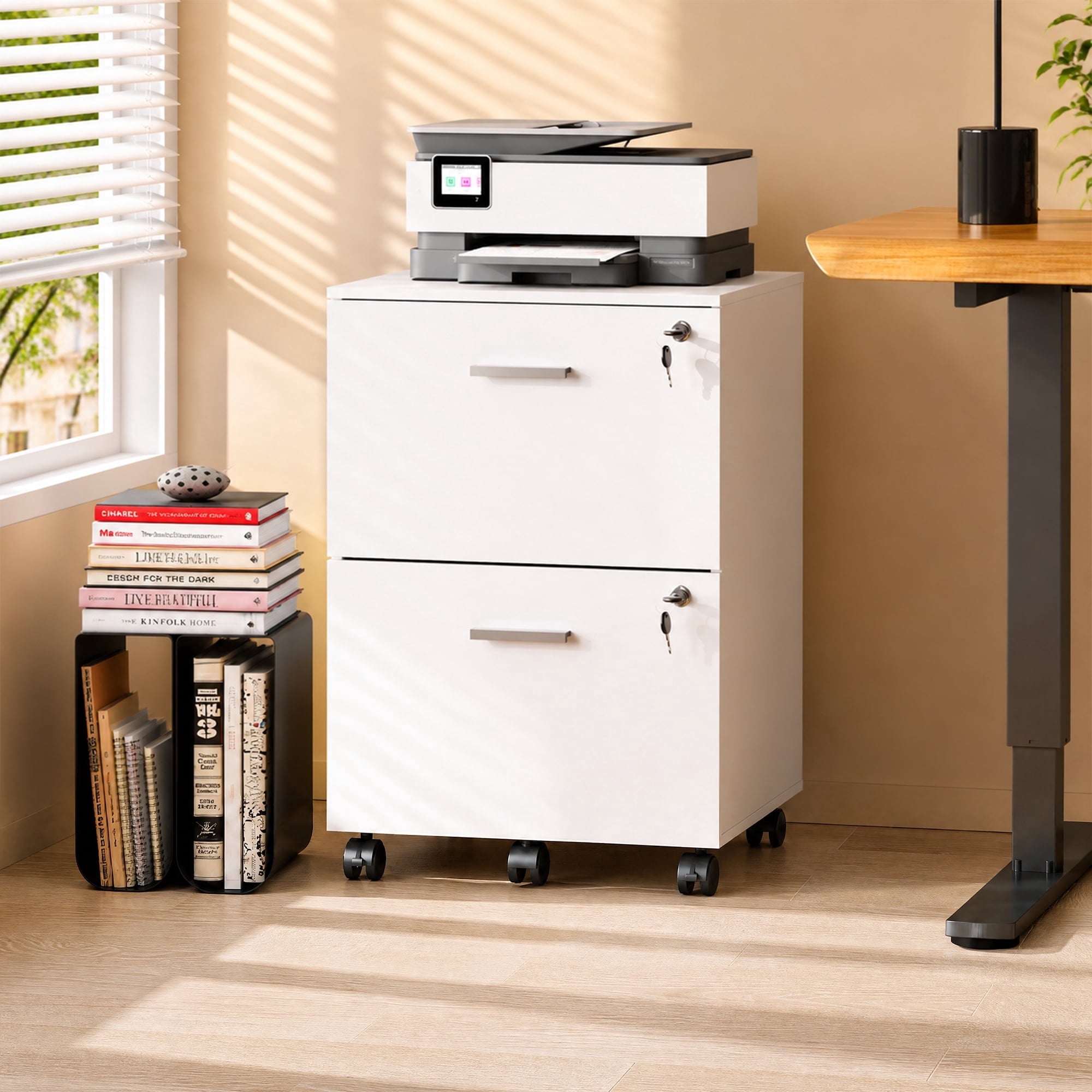 GALAXHERO 2 Drawer Filing Cabinet with Lock, Wooden Printer Stand with Storage for Home Office, Mobile Locking File Cabinet Fits Letter/A4 Hanging Files
