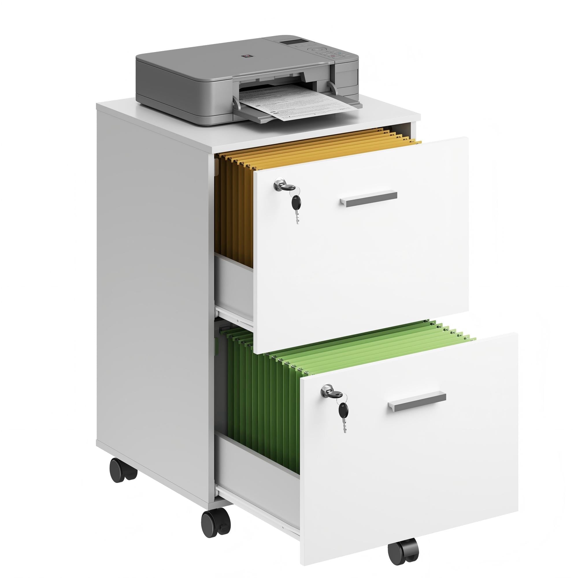 GALAXHERO 2 Drawer Filing Cabinet with Lock, Wooden Printer Stand with Storage for Home Office, Mobile Locking File Cabinet Fits Letter/A4 Hanging Files