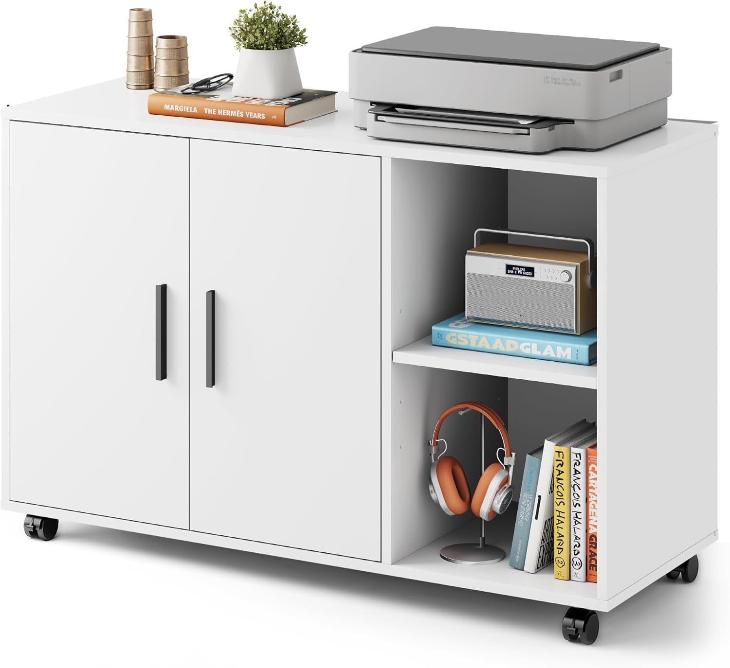 Office Storage Cabinet with Doors and Shelves, Lateral Printer Stand for Office Supplies and File Storage, Filing Cabinet for Home Office, White