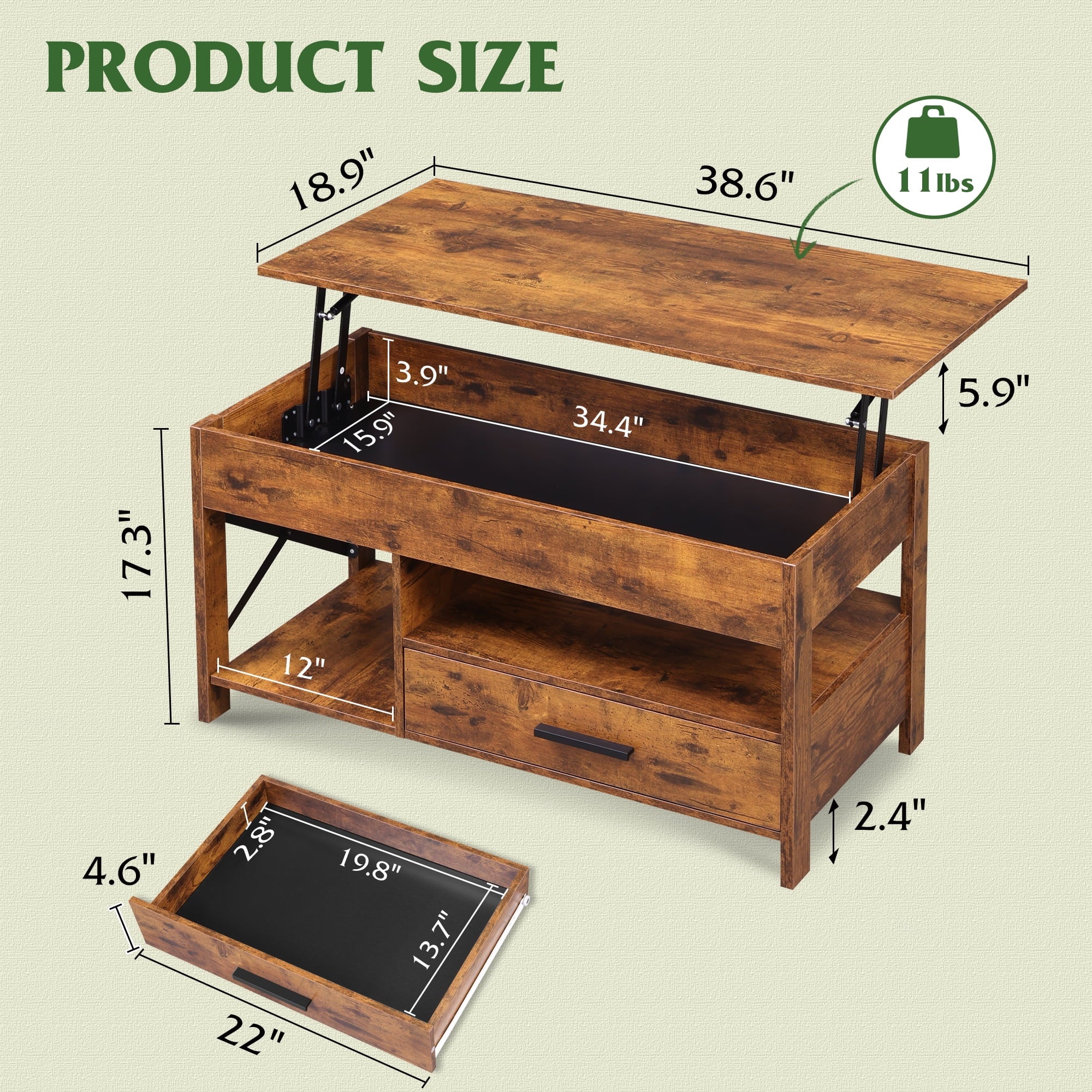 GALAXHERO Coffee Table, 39" Lift Top Coffee Table with Hidden Compartment, Storage Drawers and Storage Shelf for Living Room, Reception Room