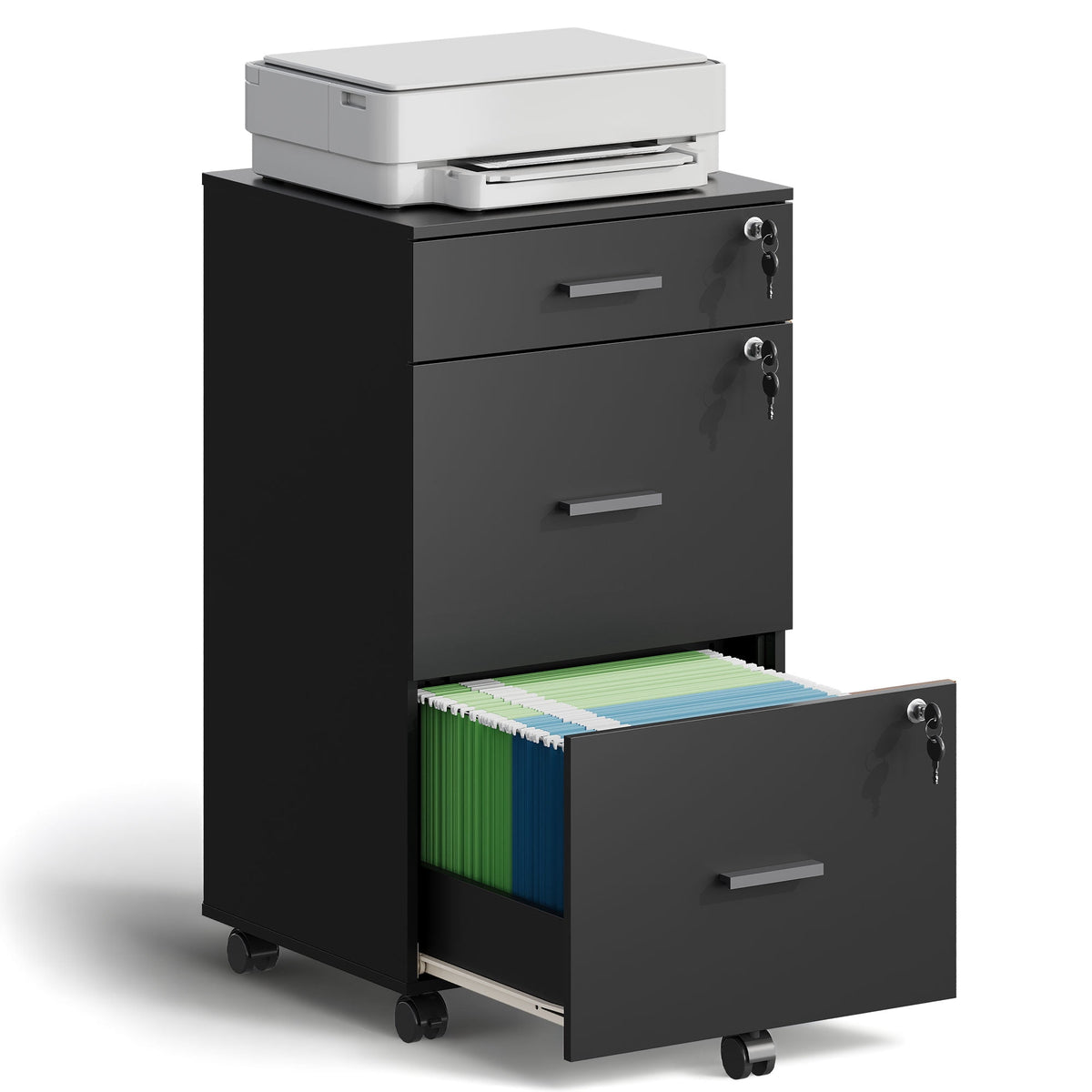 GALAXHERO Filing Cabinet with Lock and Key, 3 Drawer Rolling File Cabinet, Wood Storage Locker, Fits Letter/A4 Size