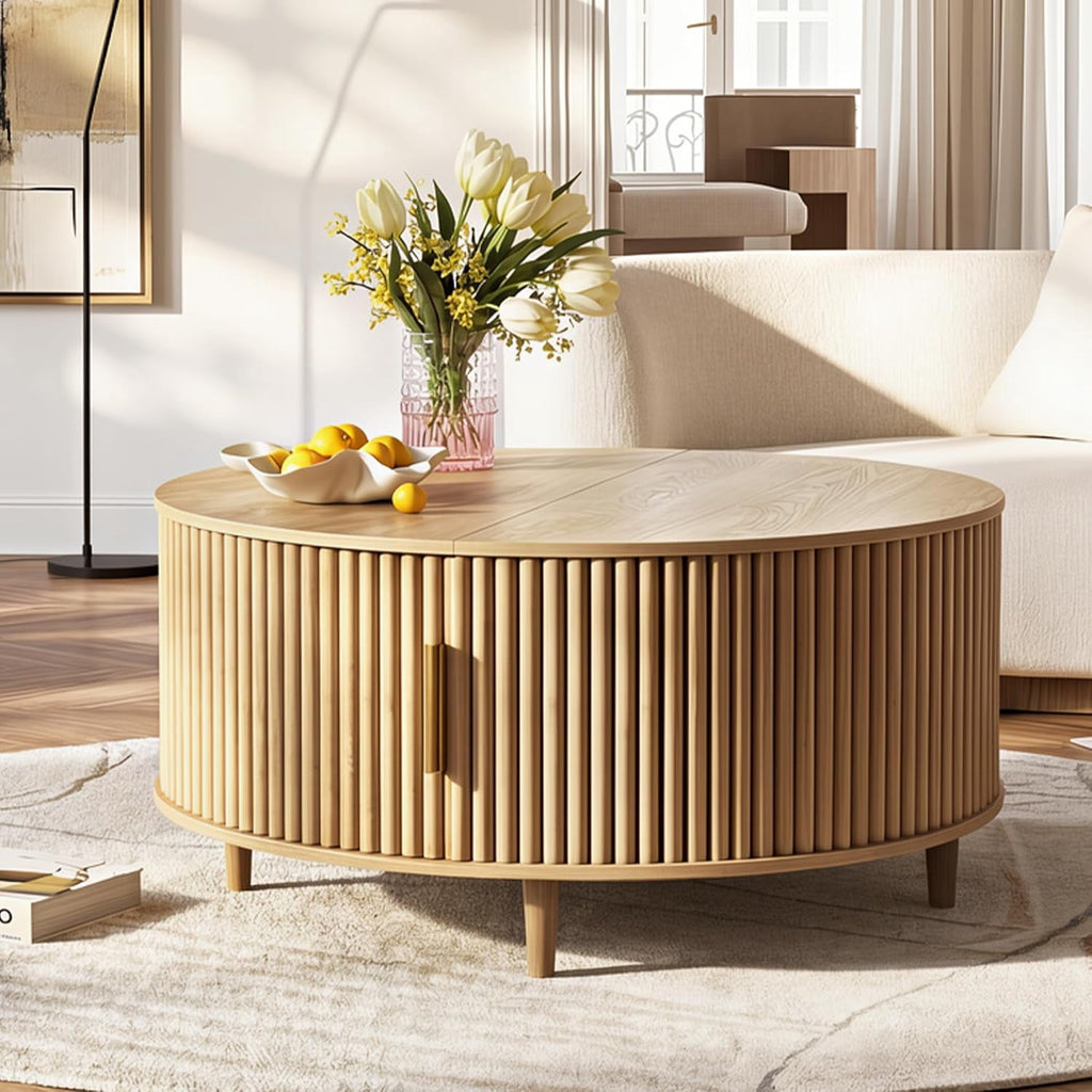 GALAXHERO Coffee Table, 31.5" Round Coffee Tables with Storage and Sliding Cabinet Door, Mid Century Modern Fluted Center Table for Living Room, Small Space