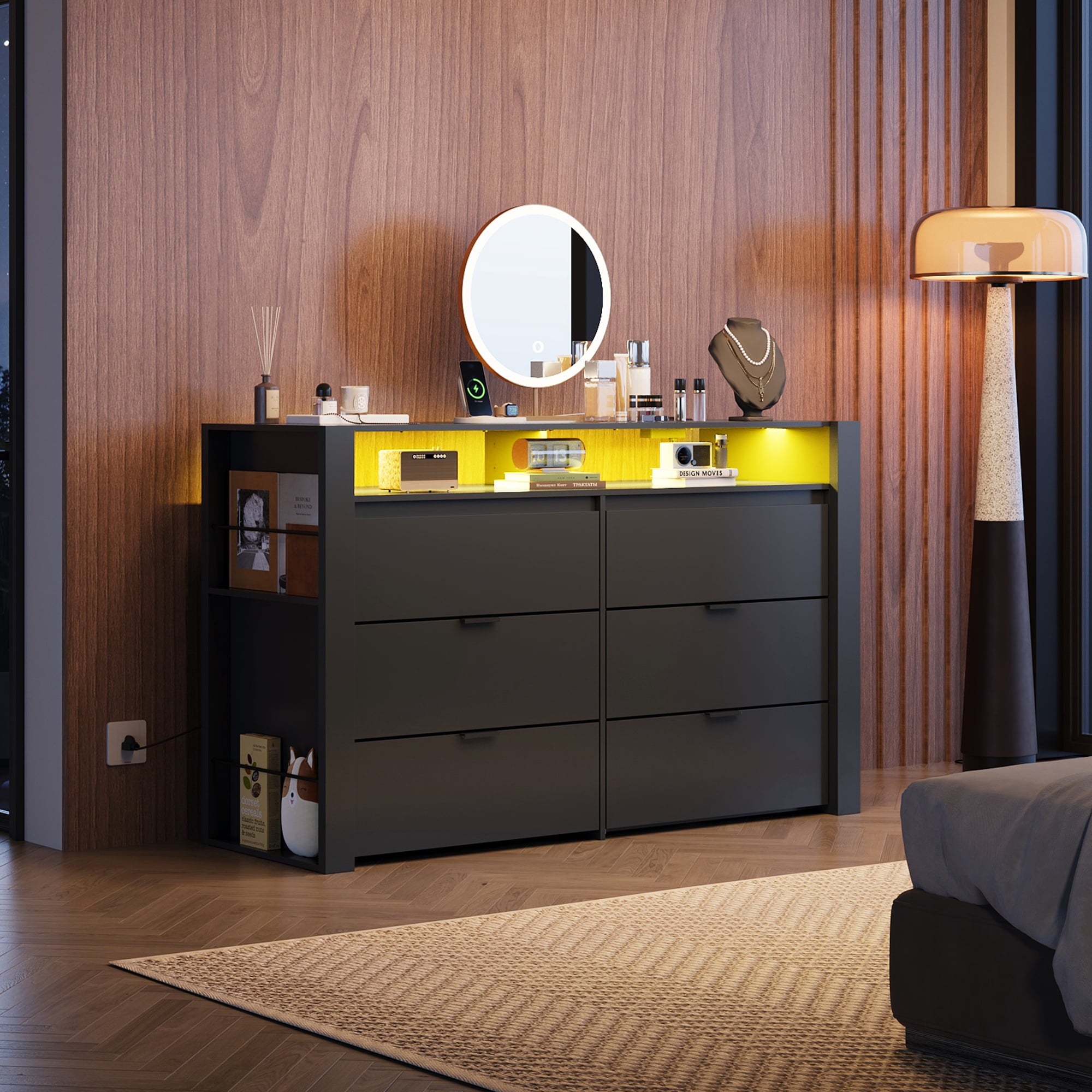 GALAXHERO 6 Drawer Dresser for Bedroom with LED Lights, Double Dresser with Charging Station, Large Wood Chest of Drawers, TV Stand for 55 inch TV for Closet, Living Room