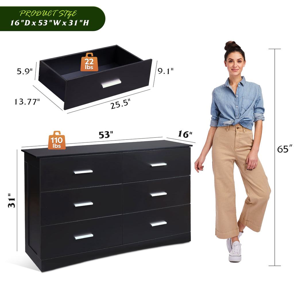 GALAXHERO Dresser with 6 Drawers, Wide Wooden Chest of Drawers for Bedroom, Large Storage Tower Unit, Modern Minimalist Closet Store Organizer for Living Room, Hallway