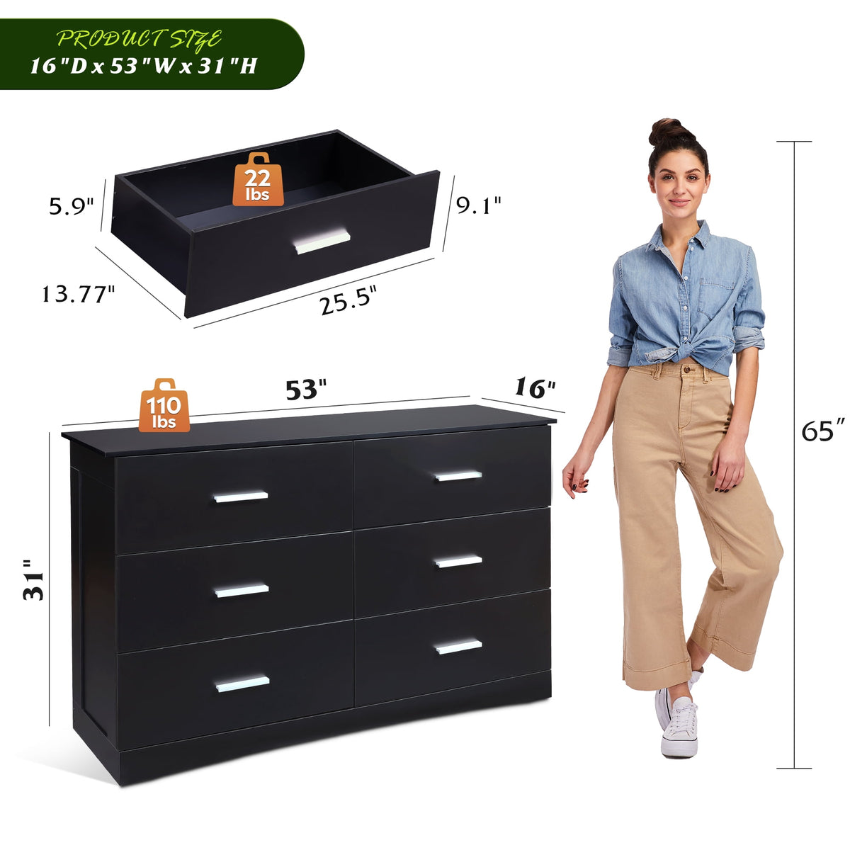 GALAXHERO Dresser with 6 Drawers, Wide Wooden Chest of Drawers for Bedroom, Large Storage Tower Unit, Modern Minimalist Closet Store Organizer for Living Room, Hallway
