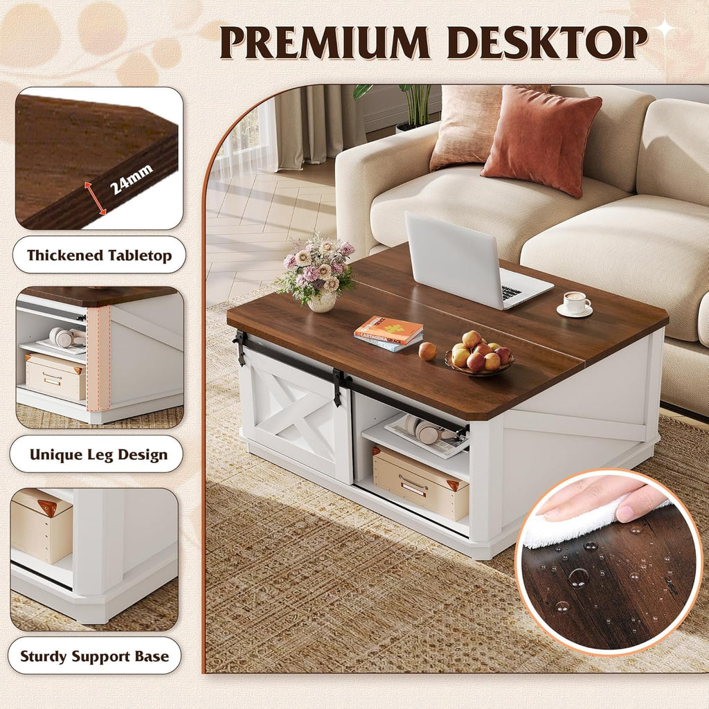 GALAXHERO Lift Top Coffee Table for Living Room 35.5" Framhouse Coffee Table with Storage, Square Center Table Rustic Cocktail Table with Sliding Barn Doors, Curevd Base