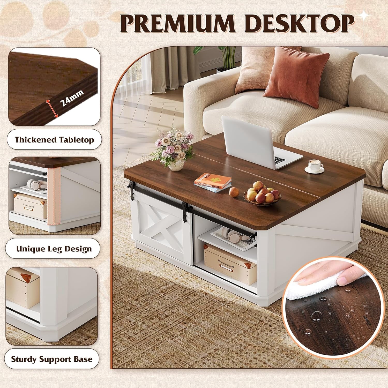 GALAXHERO Lift Top Coffee Table for Living Room 35.5" Framhouse Coffee Table with Storage, Square Center Table Rustic Cocktail Table with Sliding Barn Doors, Curevd Base