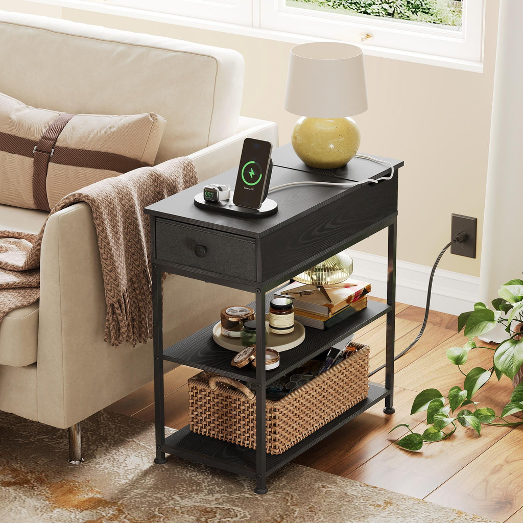 GALAXHERO Narrow End Table with Charging Station Side Table for Living Room, Couch Nightstand with Fabric Drawer for Bedroom
