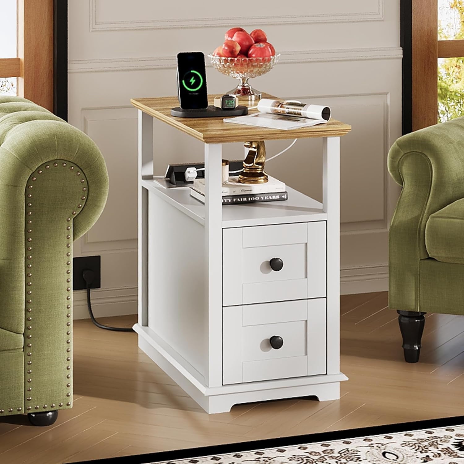 GALAXHERO Narrow Side Table with Charging Station Wooden End Table with 2 Drawers for Living Room, Bedroom, Small Space
