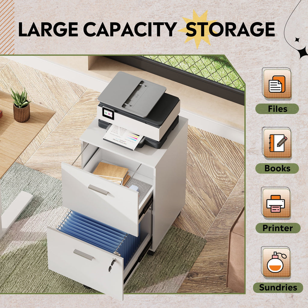 GALAXHERO 2 Drawer File Cabinet with Lock, Wood Printer Stand for Home Office, Mobile Storage Organizer Fit Letter/A4 Size, White