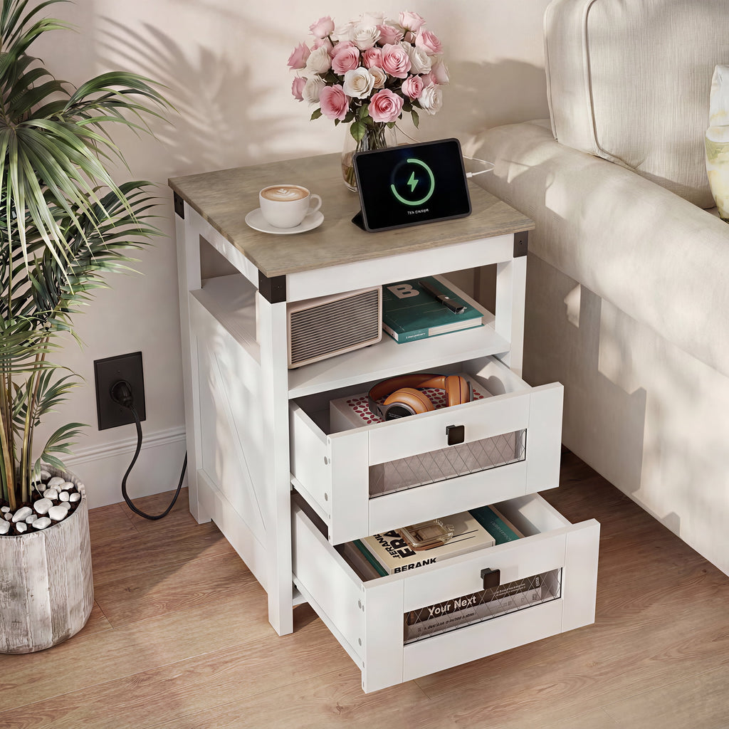 GALAXHERO Nightstand with Charging Station, Farmhouse End Table, Bed Side Table with 2 Storage Drawers and Open Shelf, Wood Rustic Nightstands for Bedroom