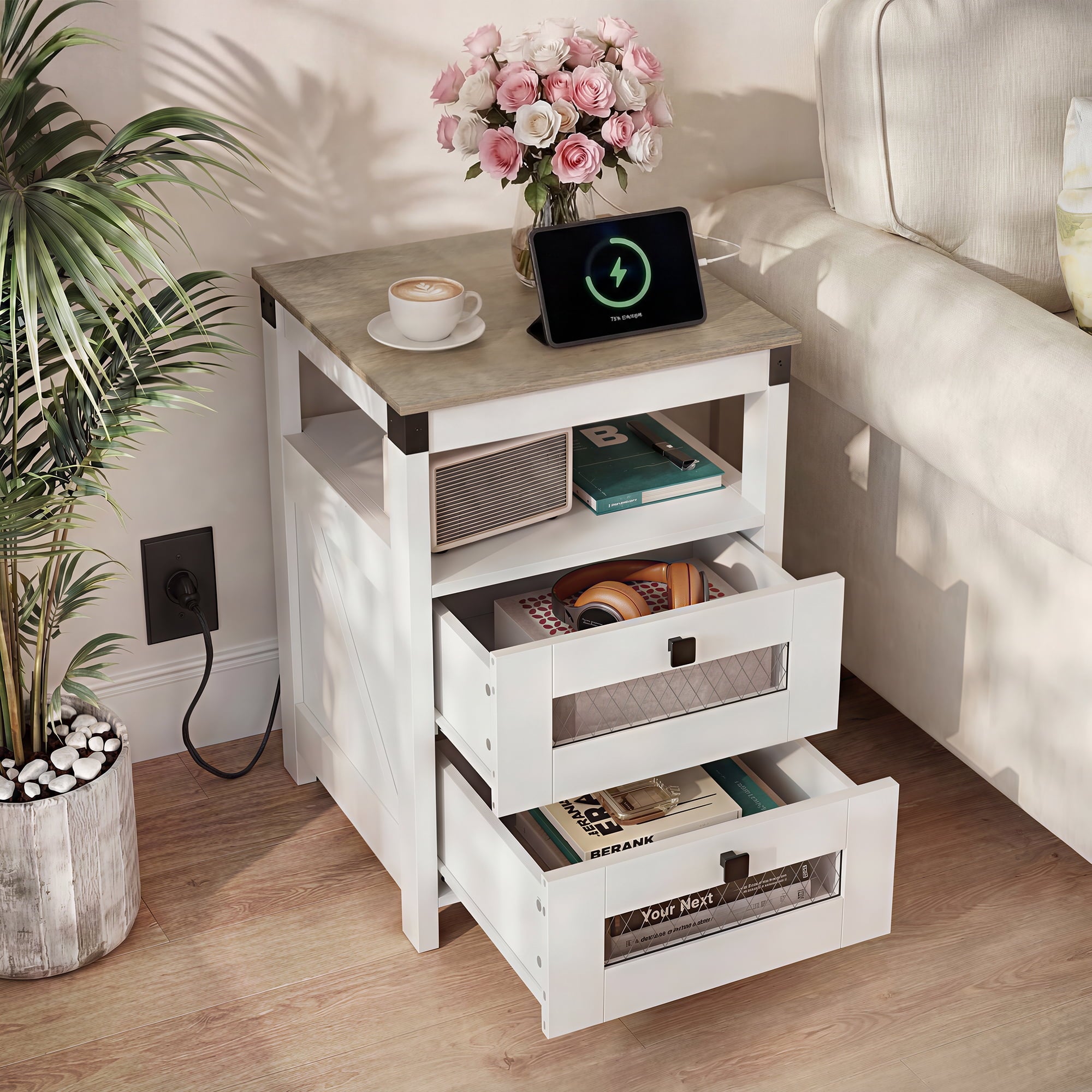 GALAXHERO Nightstand with Charging Station, Farmhouse End Table, Bed Side Table with 2 Storage Drawers and Open Shelf, Wood Rustic Nightstands for Bedroom