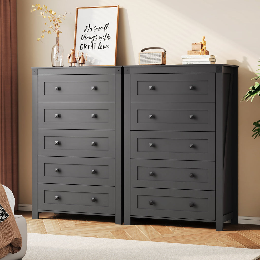 GALAXHERO Farmhouse 5 Drawer Dresser, Tall Dresser with Double Rustic Handles, Wood Chest of Drawers for Bedroom, Living Room, Hallway