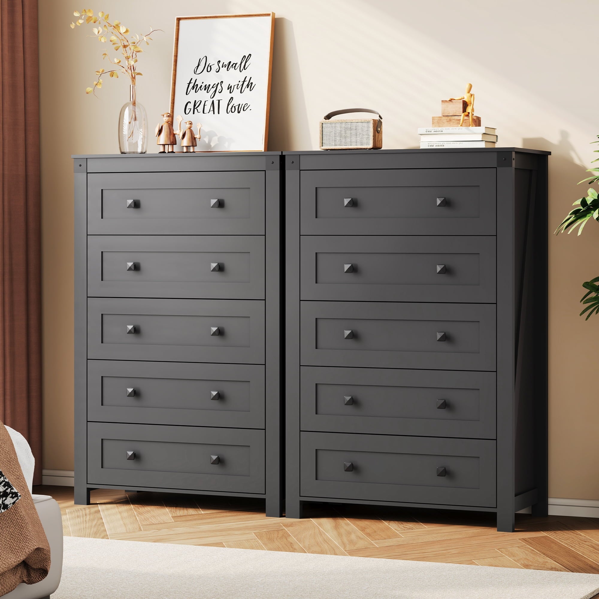 GALAXHERO Farmhouse 5 Drawer Dresser, Tall Dresser with Double Rustic Handles, Wood Chest of Drawers for Bedroom, Living Room, Hallway