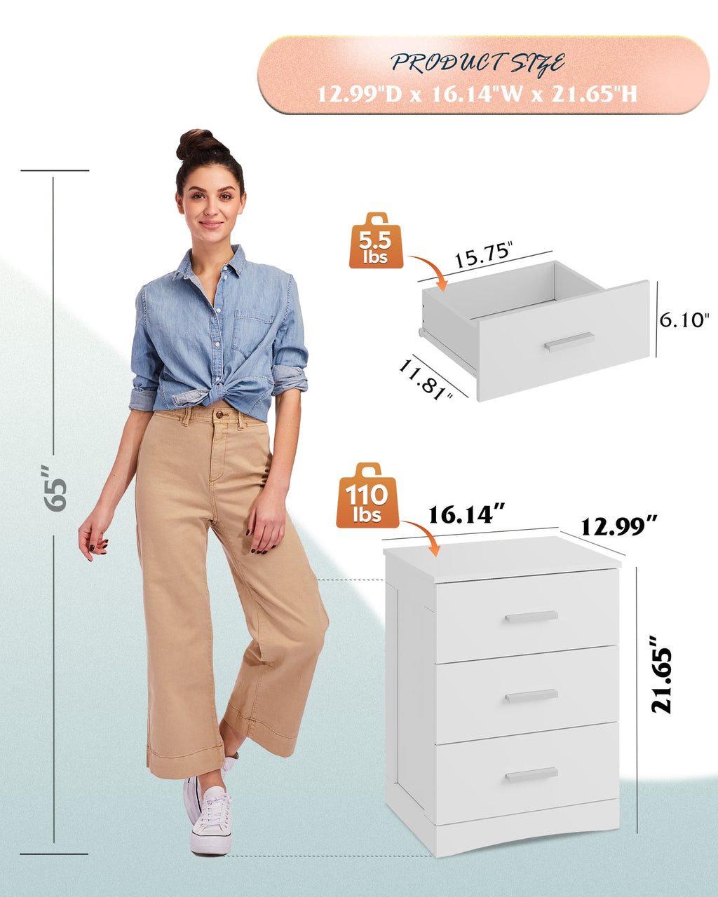 GALAXHERO 3 Drawer Night Stands for Bedroom, Tall Nightstand with Storage Cabinets, Wooden Bedside Table End Table for Living Room