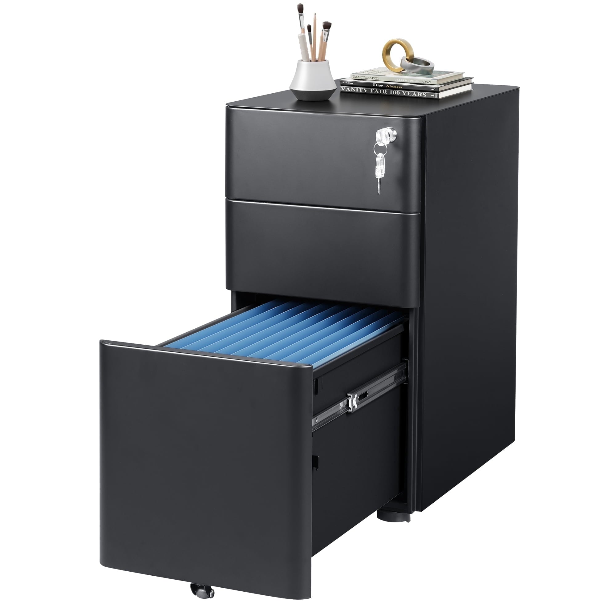 GALAXHERO 3 Drawer Metal File Cabinet with Lock, Vertical Rolling Filing Cabinet for Home Office, Fits A4/Letter/Legal