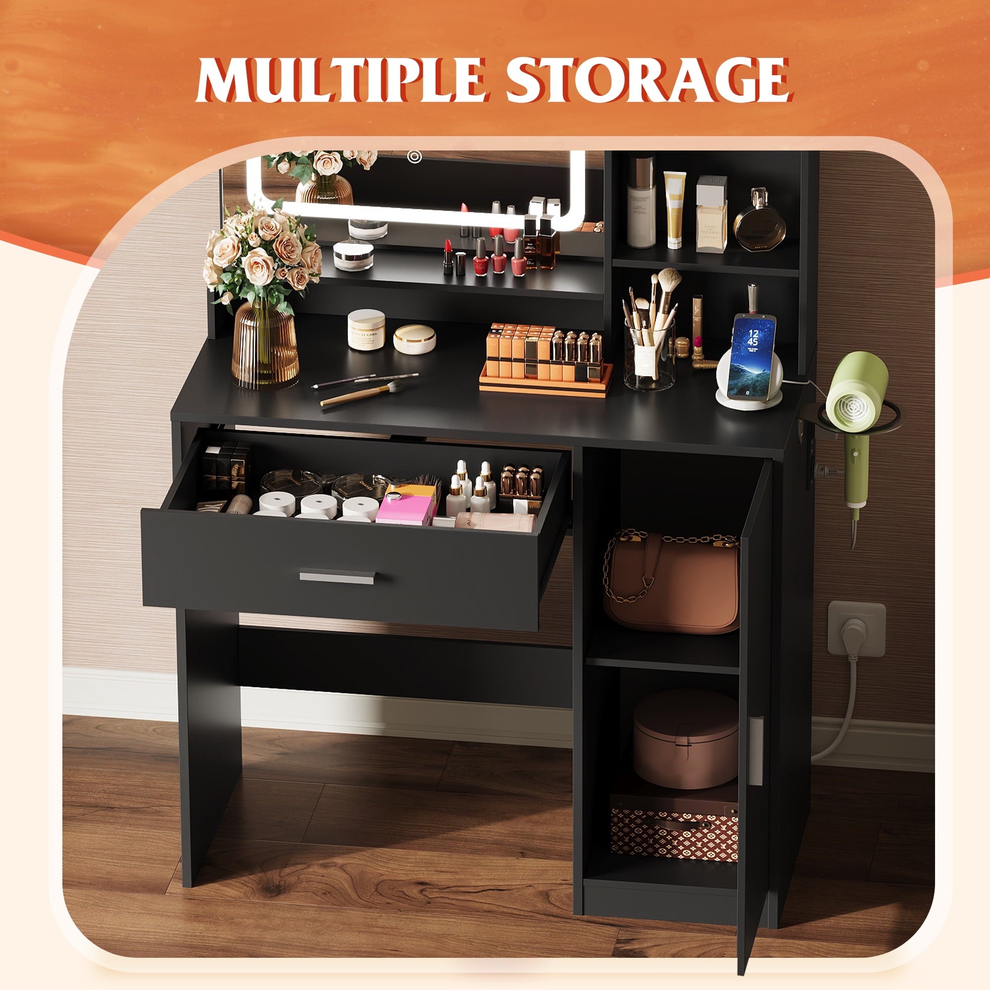 GALAXHERO Vanity Desk with Mirror and Lights, Makeup Tables with Drawer, Cabinet and Storage Shelves,Girls Dressing Table with Charging Station
