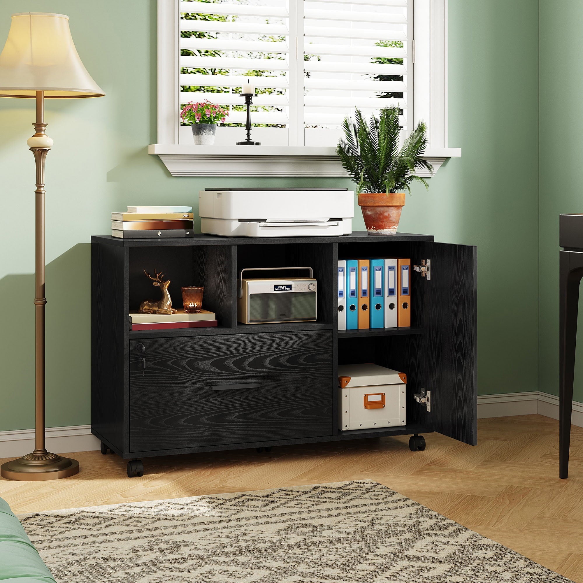 GALAXHERO Office File Cabinet with Lock, 1-Drawer Wood Lateral Filing Cabinet on Wheels, Printer Stand with Open Storage Shelves for Home Office, Black