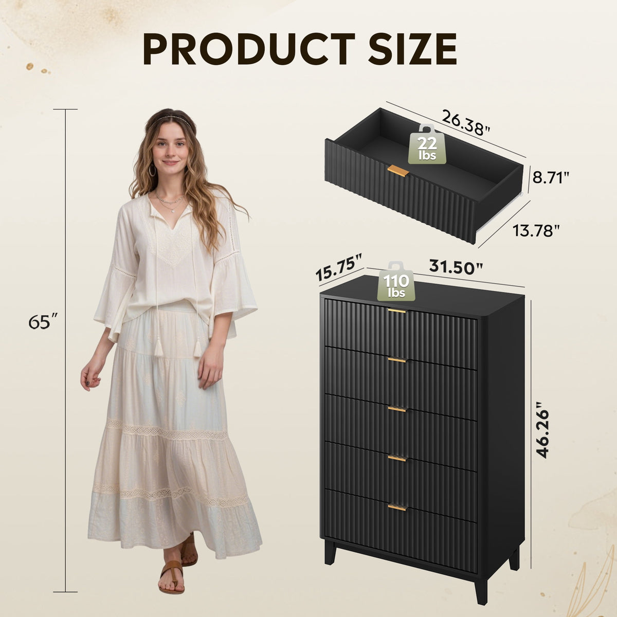 GALAXHERO 5 Drawers Dresser, Fluted Tall Dresser with Golden Metal Handles, Modern Chest of Drawers for Bedroom, Living Room, Hallway, Closet