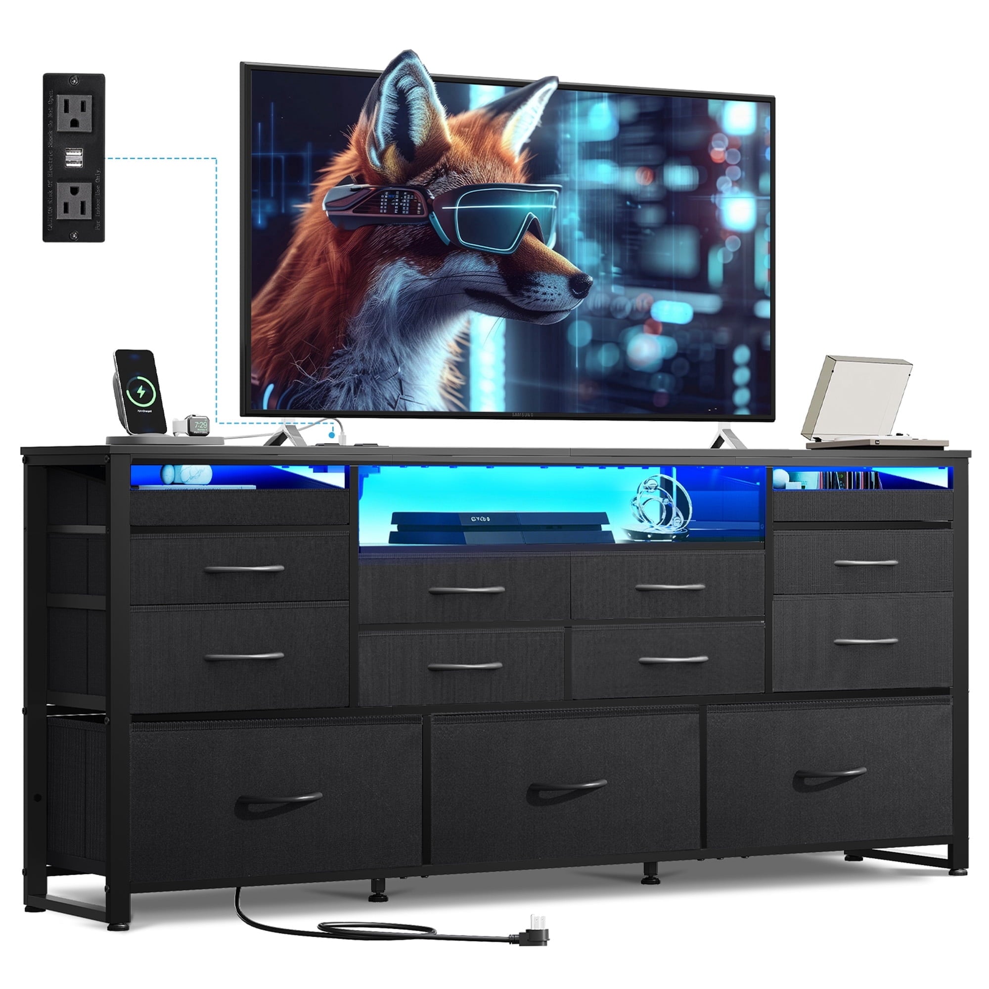 GALAXHERO 13 Drawers Dresser for Bedroom, TV Stand for 65'' TV with LED Lights, Entertainment Center with Charging Station, Fabric Chest of Drawers for Living Room, Entryway