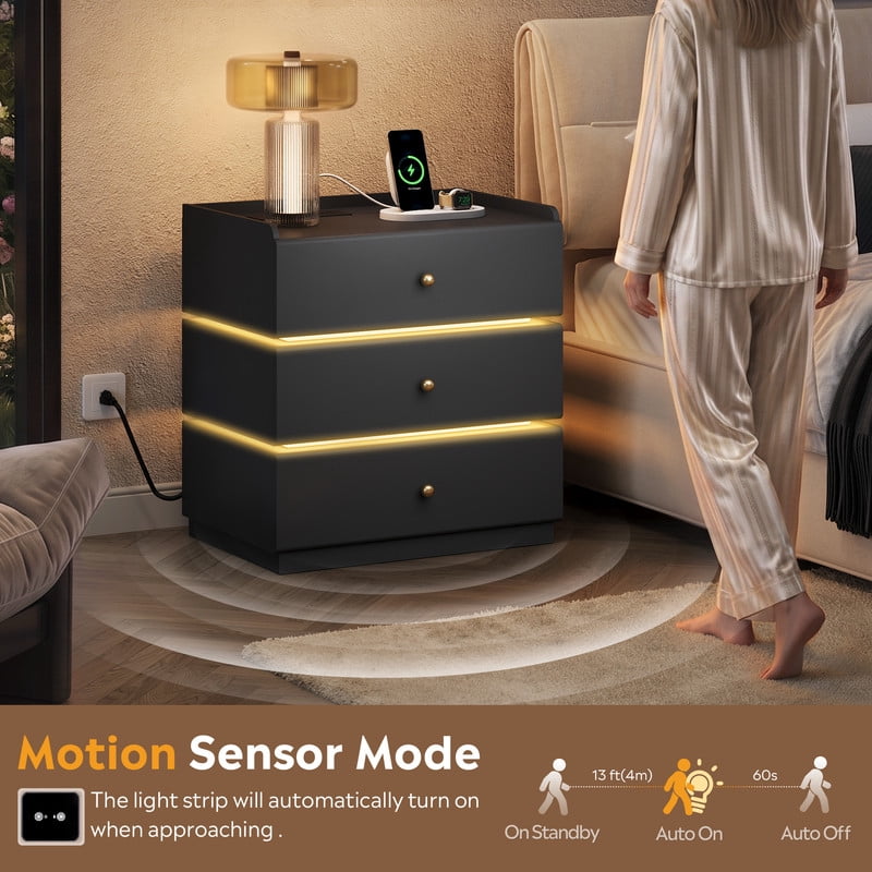 GALAXHERO Nightstand with Charging Station, Smart LED 3-Drawer Tall Bedside Table with Sensor, End Table with Wireless Charging for Bedroom Living Room Dorm