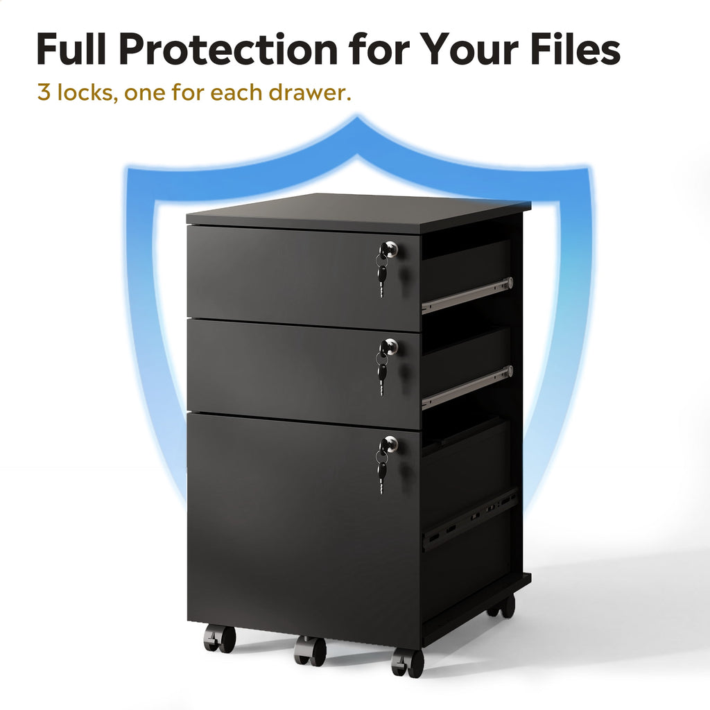 GALAXHERO 3 Drawers Storage Cabinet with Lock, Rolling Wood File Cabinet, Vertical Filing Cabinet for Home Office, Fits Letter/A4