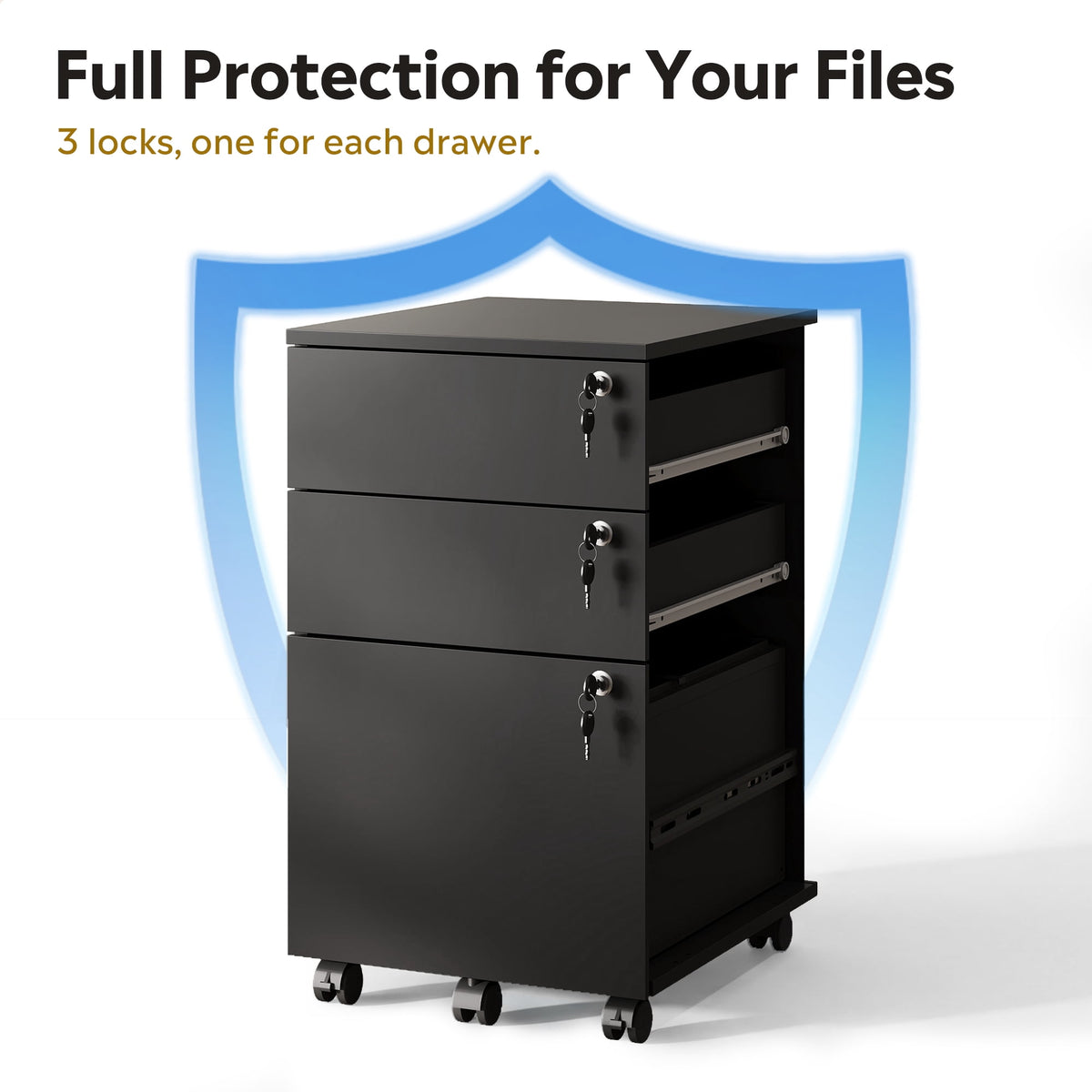 GALAXHERO 3 Drawers Storage Cabinet with Lock, Rolling Wood File Cabinet, Vertical Filing Cabinet for Home Office, Fits Letter/A4