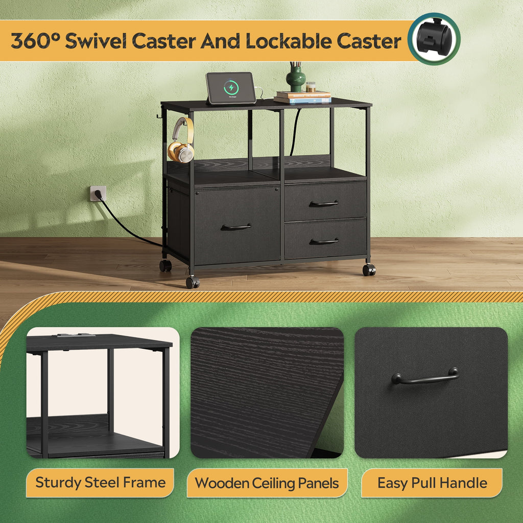 GALAXHERO Printer Cart with Storage Shelf, 3 Drawer File Cabinets Fit Letter/A4 Size, Mobile Printer Stand with Charging Station for Home Office, Black