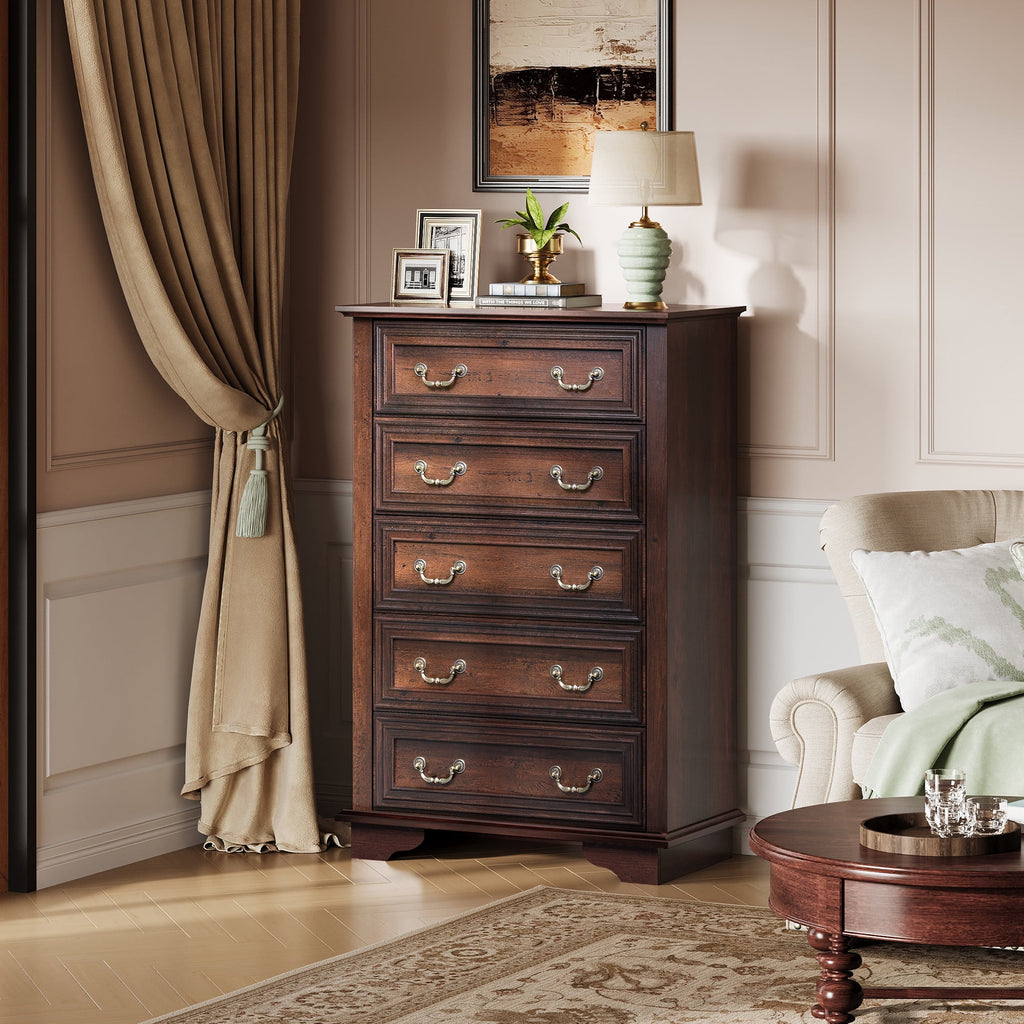 GALAXHERO Farmhouse 5 Drawers Dresser for Bedroom, Tall Wood Dresser with Roman Metal Handle, Chest of Drawers for Living Room, Hallway, Closet