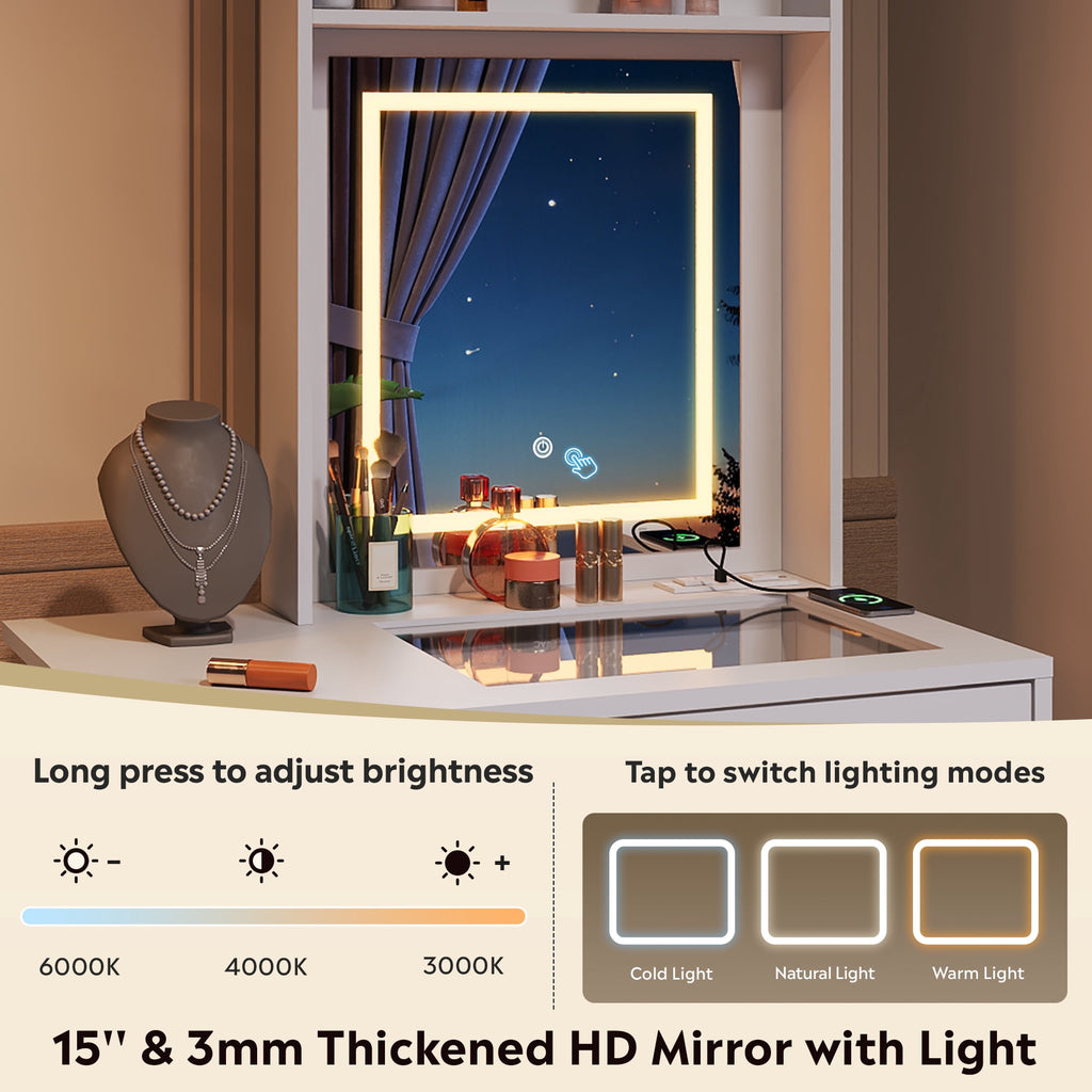 GALAXHERO Vanity Desk with Lighted Mirror and Glass Top, Makeup Vanity Chair with Storage, Fold-up Panel, 2 Drawers Dressing Table for Bedroom