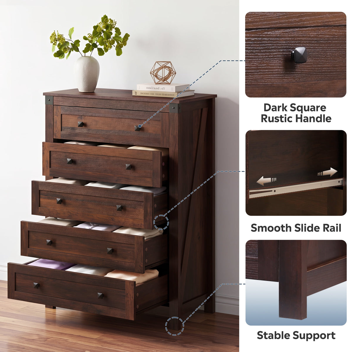GALAXHERO Farmhouse 5 Drawer Dresser, Tall Dresser with Double Rustic Handles, Wood Chest of Drawers for Bedroom, Living Room, Hallway