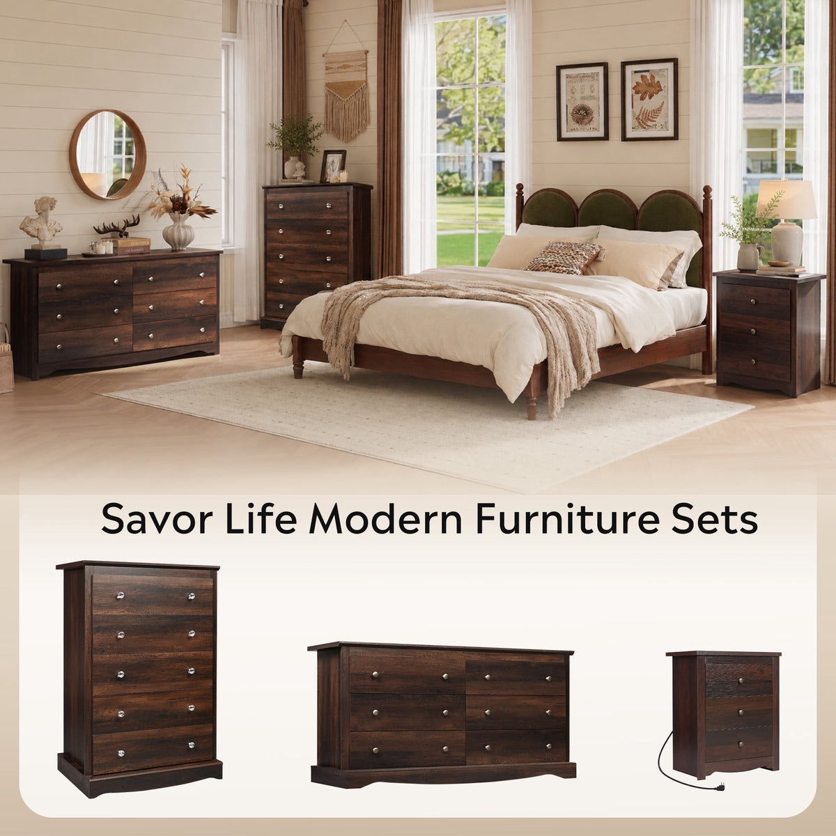GALAXHERO 5 Drawer Dresser for Bedroom, Retro Wood Chest of Drawers, Tall Dresser with Round Metal Handle for Living Room, Hallway, Closet