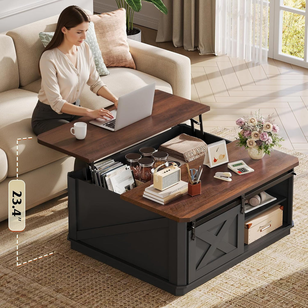GALAXHERO Lift Top Coffee Table for Living Room 35.5" Framhouse Coffee Table with Storage, Square Center Table Rustic Cocktail Table with Sliding Barn Doors, Curevd Base