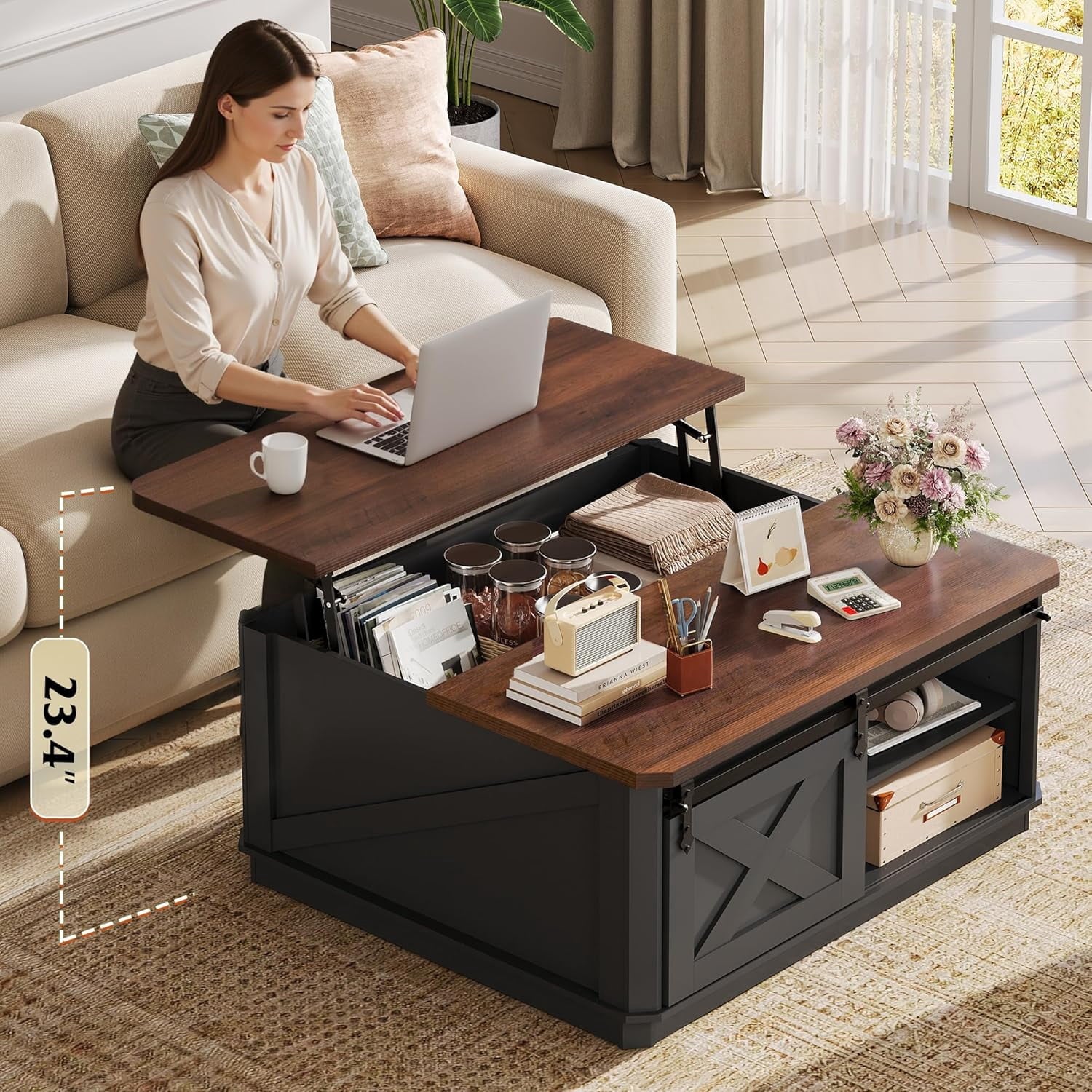 GALAXHERO Lift Top Coffee Table for Living Room 35.5" Framhouse Coffee Table with Storage, Square Center Table Rustic Cocktail Table with Sliding Barn Doors, Curevd Base