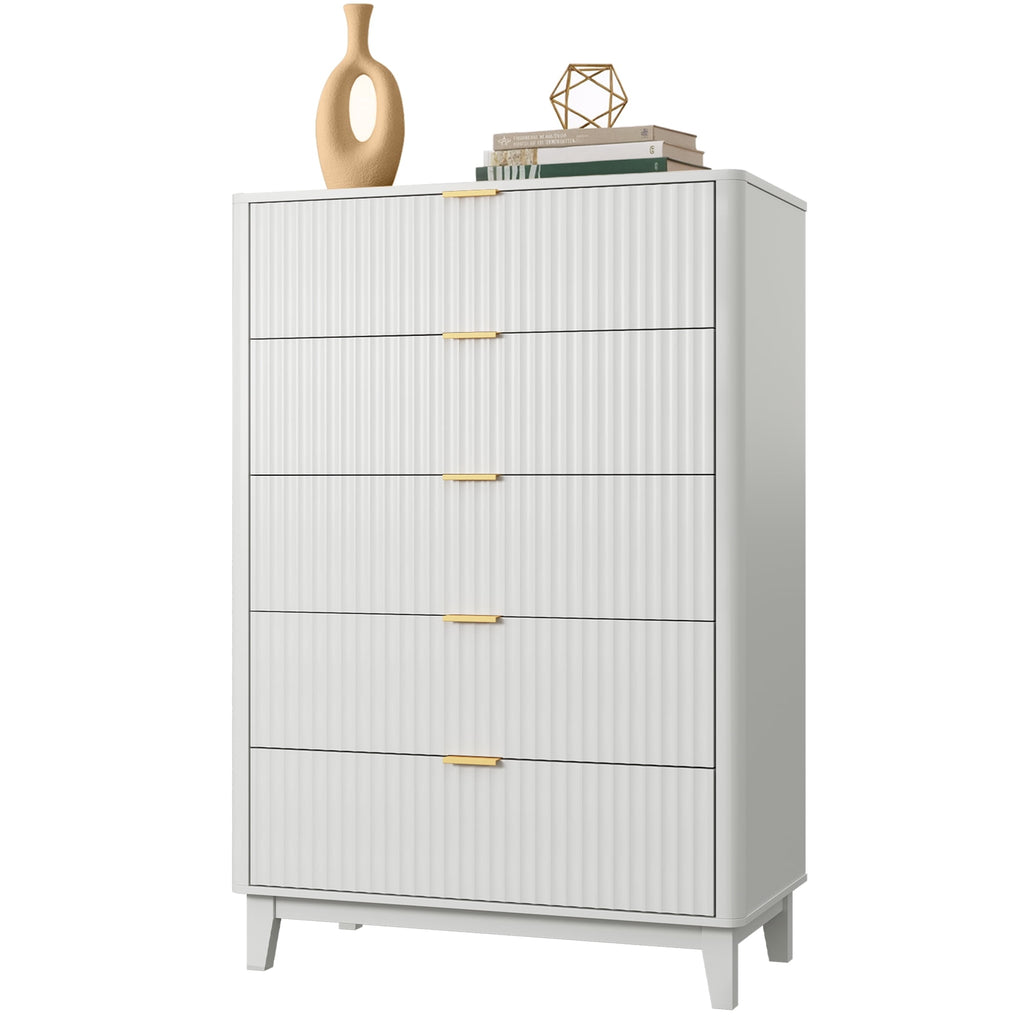 GALAXHERO 5 Drawers Dresser, Fluted Tall Dresser with Golden Metal Handles, Modern Chest of Drawers for Bedroom, Living Room, Hallway, Closet