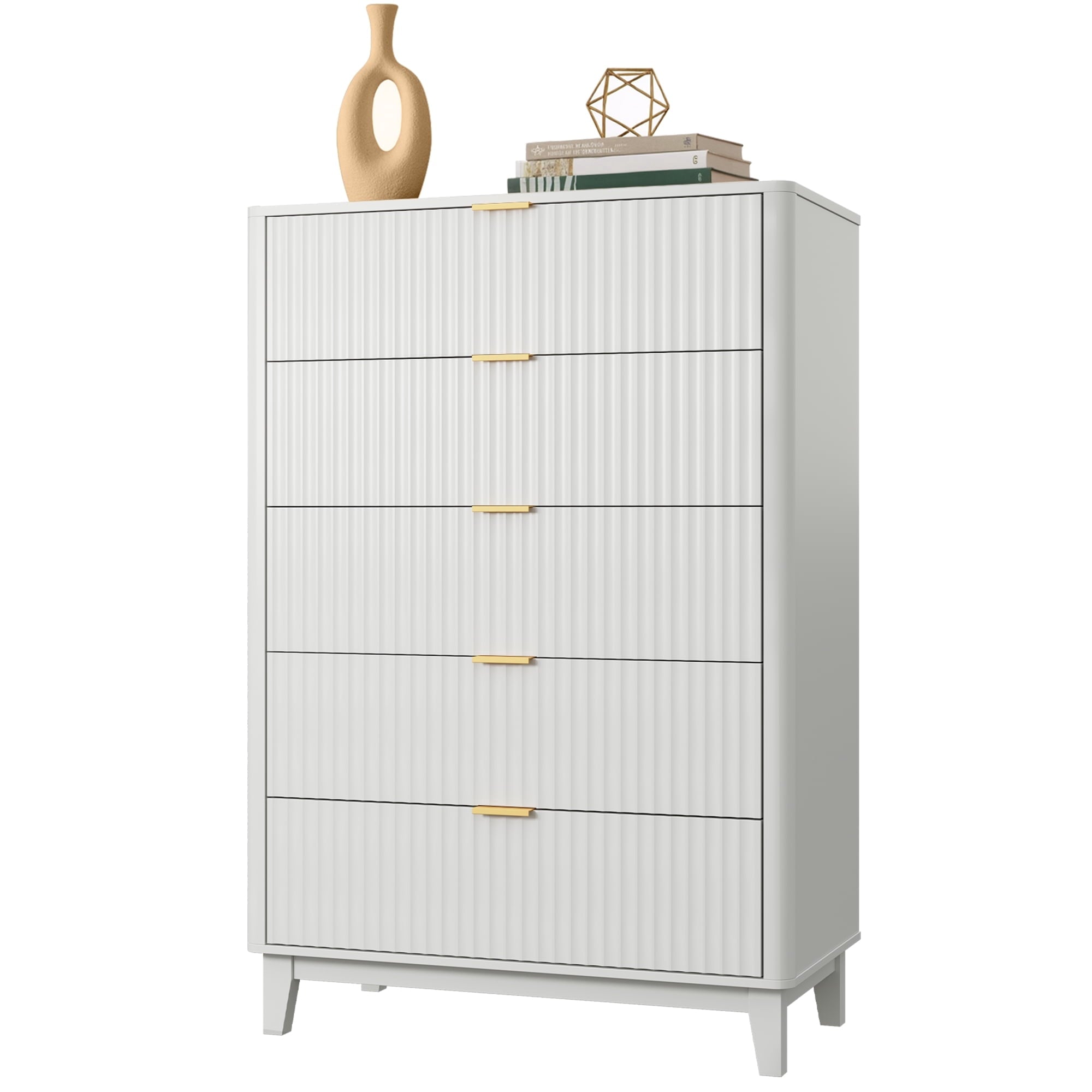 GALAXHERO 5 Drawers Dresser, Fluted Tall Dresser with Golden Metal Handles, Modern Chest of Drawers for Bedroom, Living Room, Hallway, Closet