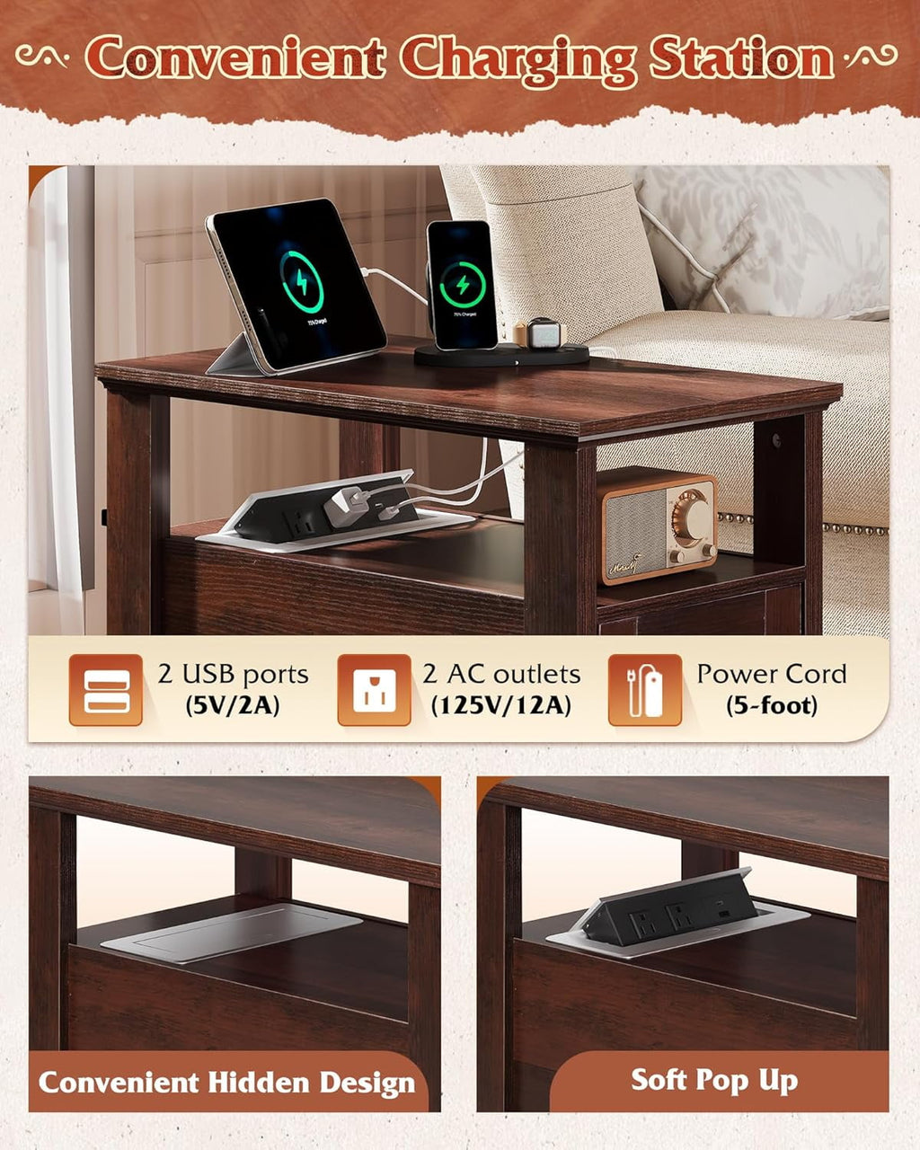 GALAXHERO Farmhouse End Table with Charging Station Narrow Side Table for Living Room Night Stand with Storage, Nightstand with USB Ports and Outlets for Bedroom Espresso