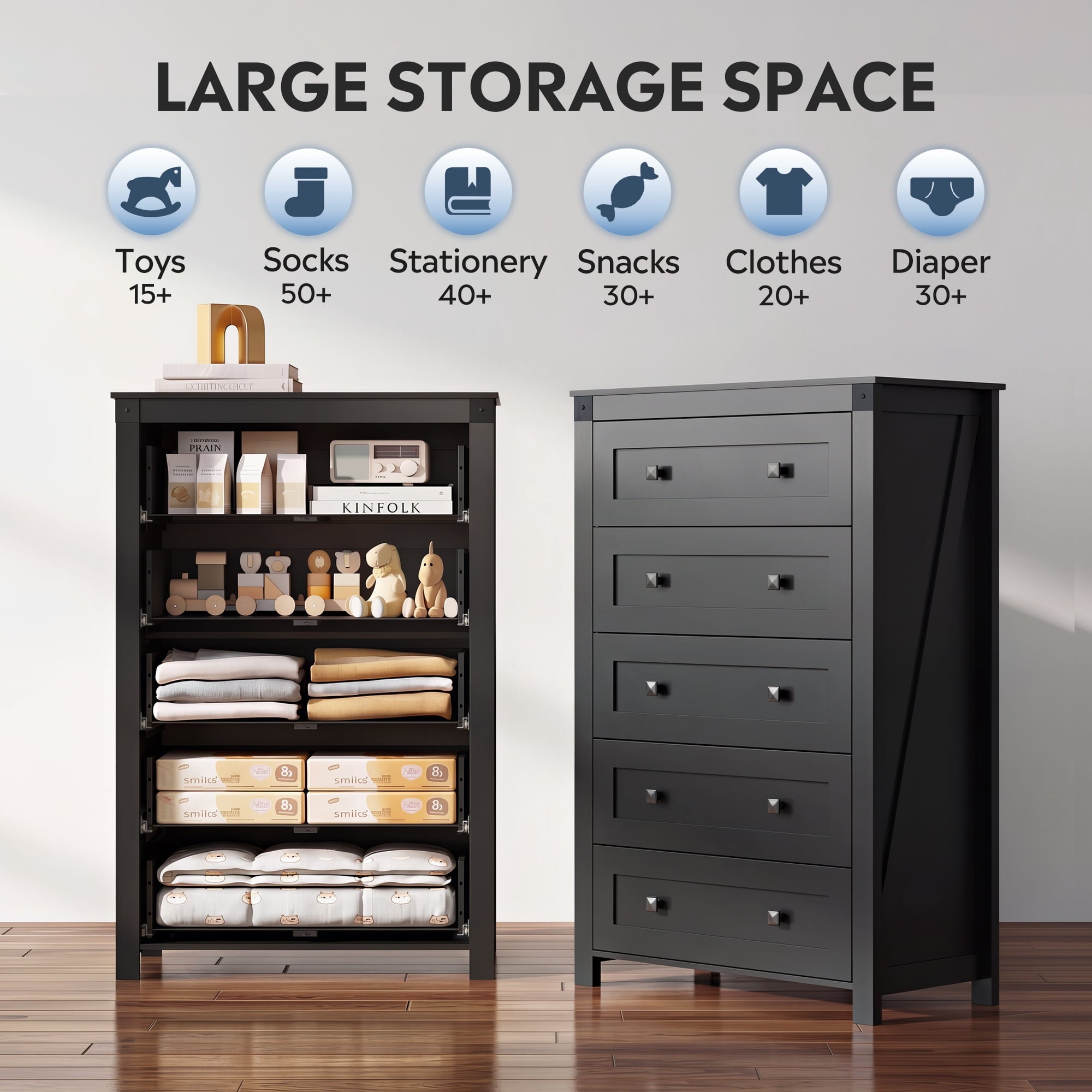 GALAXHERO Farmhouse 5 Drawer Dresser,Tall Dresser with Double Rustic Handles, Wood Chest of Drawers for Bedroom, Living Room, Hallway