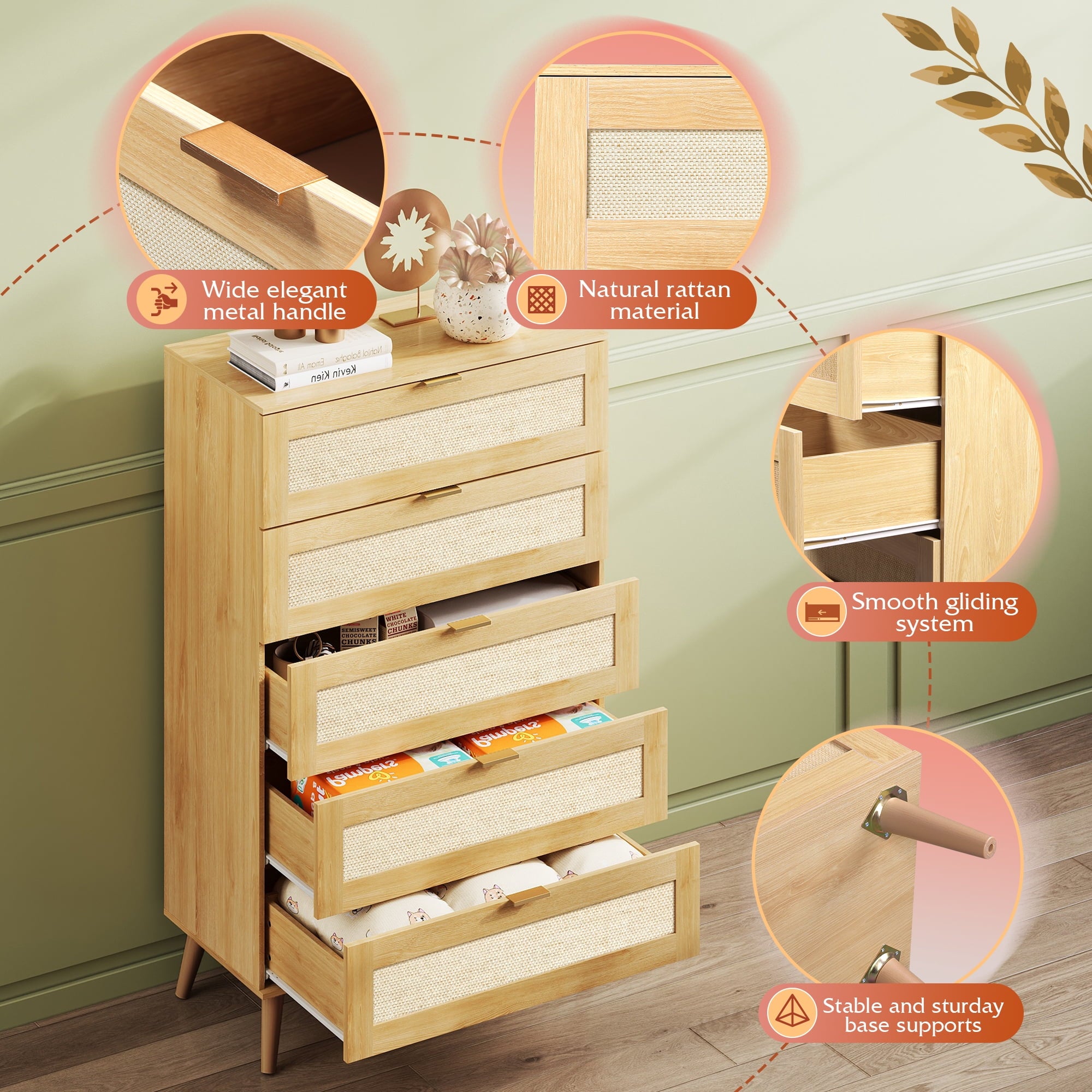 GALAXHERO Rattan 5 Drawer Dresser, Wooden Chest of Drawers, Boho Tall Dresser Closet Storage Organizer for Bedroom, Living Room, Hallway, Light Oak