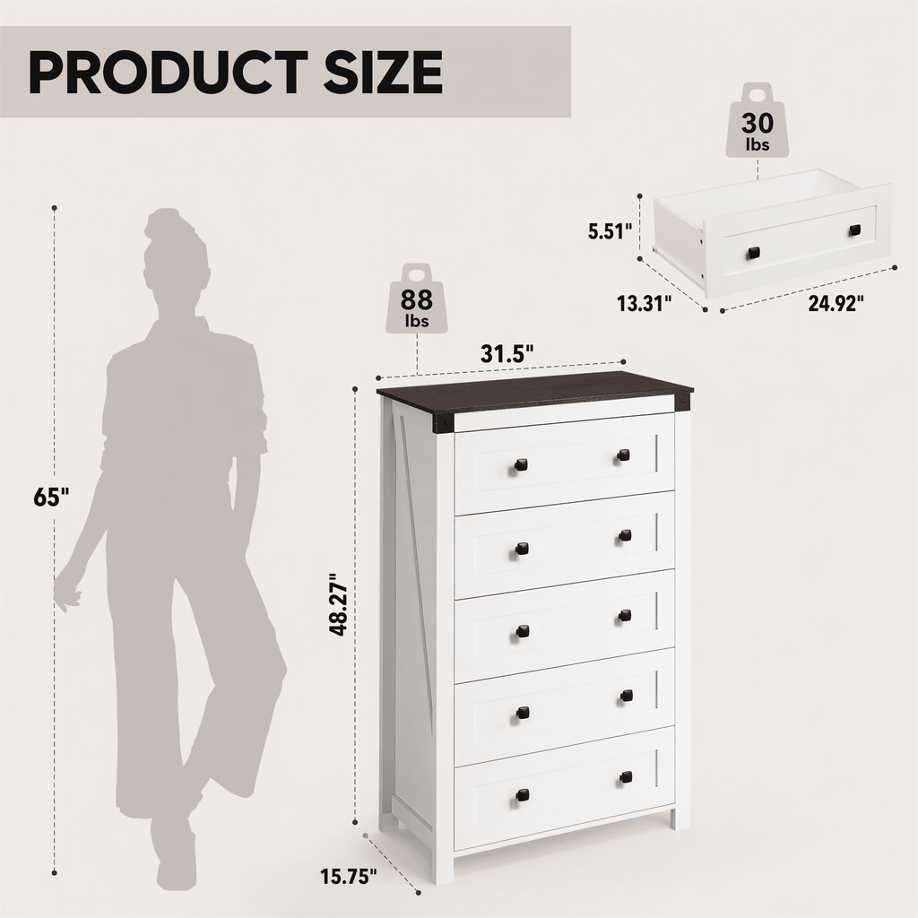 GALAXHERO Farmhouse 5 Drawer Dresser, Tall Dresser with Double Rustic Handles, Wood Chest of Drawers for Bedroom, Living Room, Hallway