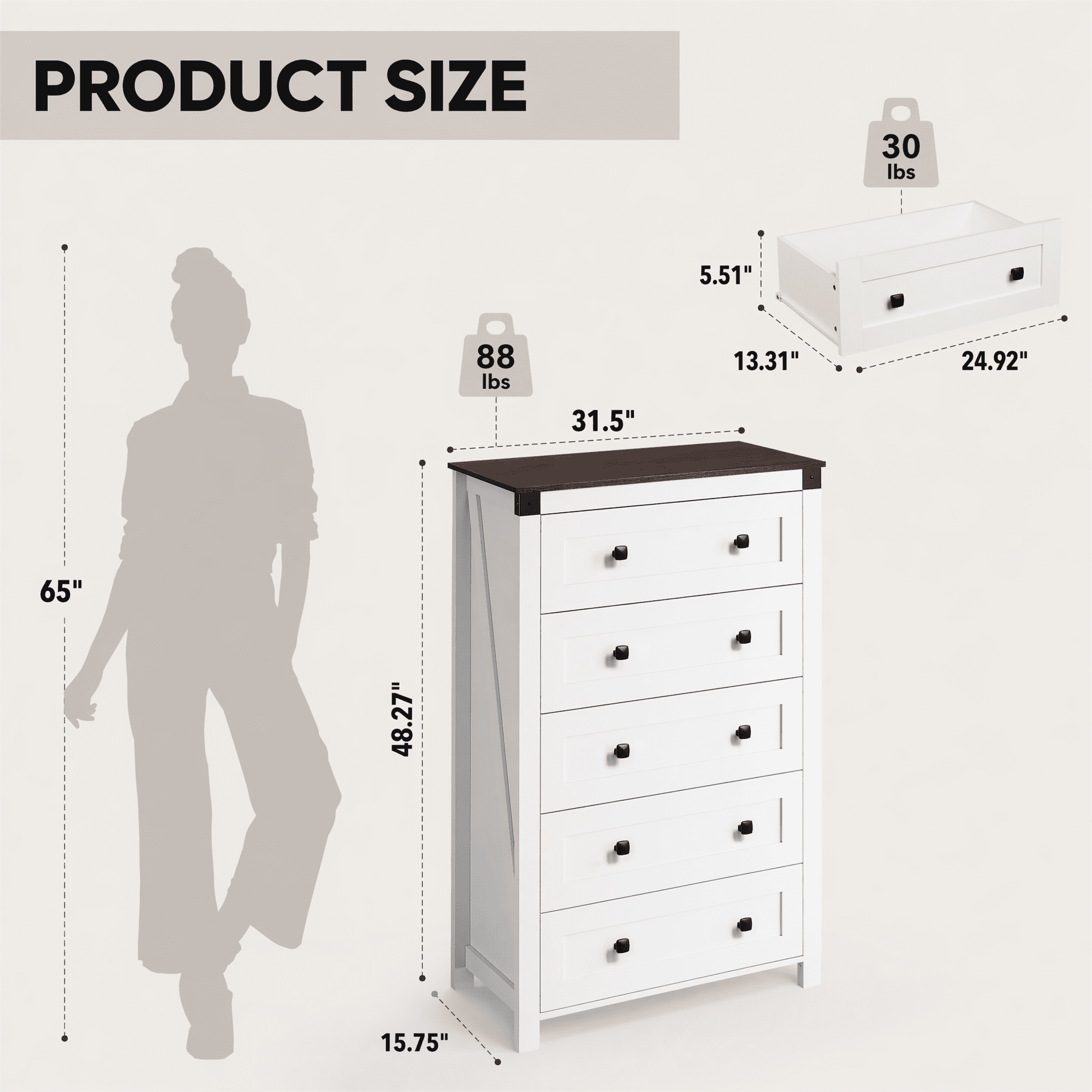 GALAXHERO Farmhouse 5 Drawer Dresser, Tall Dresser with Double Rustic Handles, Wood Chest of Drawers for Bedroom, Living Room, Hallway