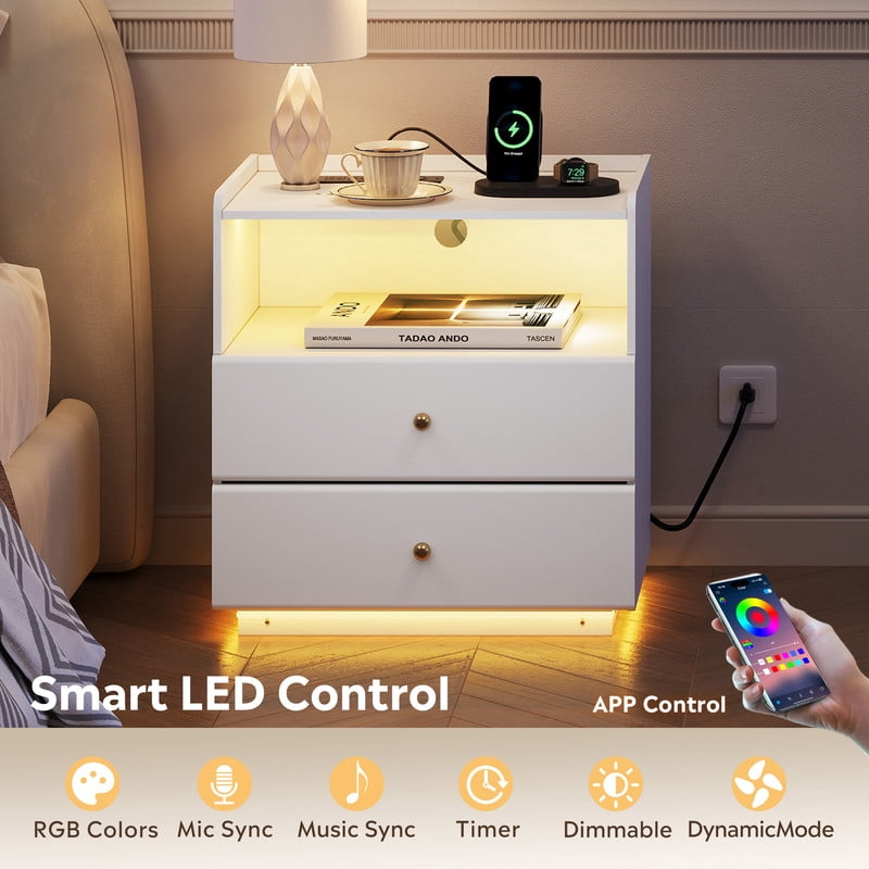GALAXHERO Nightstand with Charging Station, Smart LED 2-Drawer Tall Bedside Table with Sensor & open shelf, End Table with Wireless Charging for Bedroom Living Room Dorm