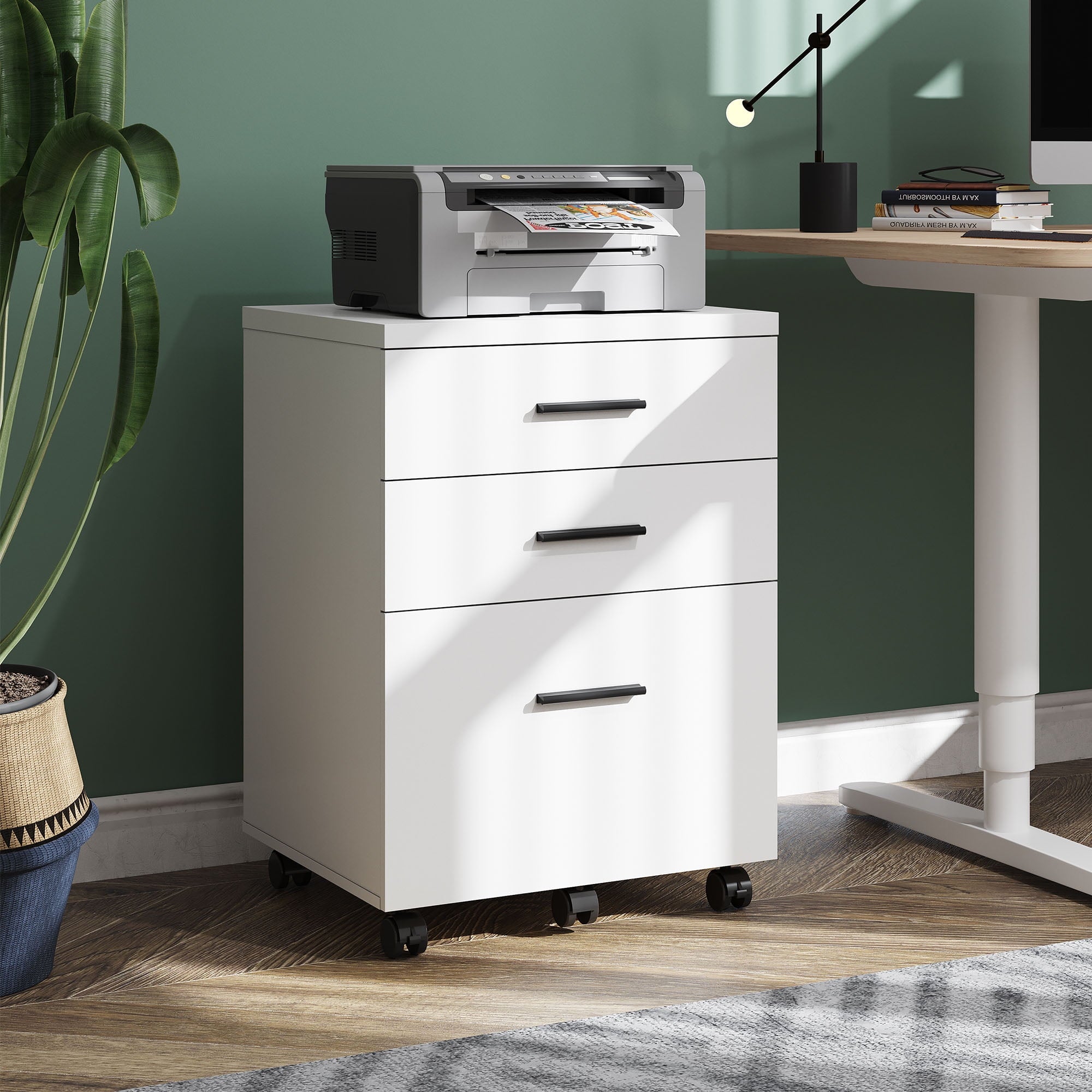 GALAXHERO 3-Drawer Wood File Cabinet, Rolling Under Desk Filing Cabinet for Home Office, Printer Stand with Wheels, White