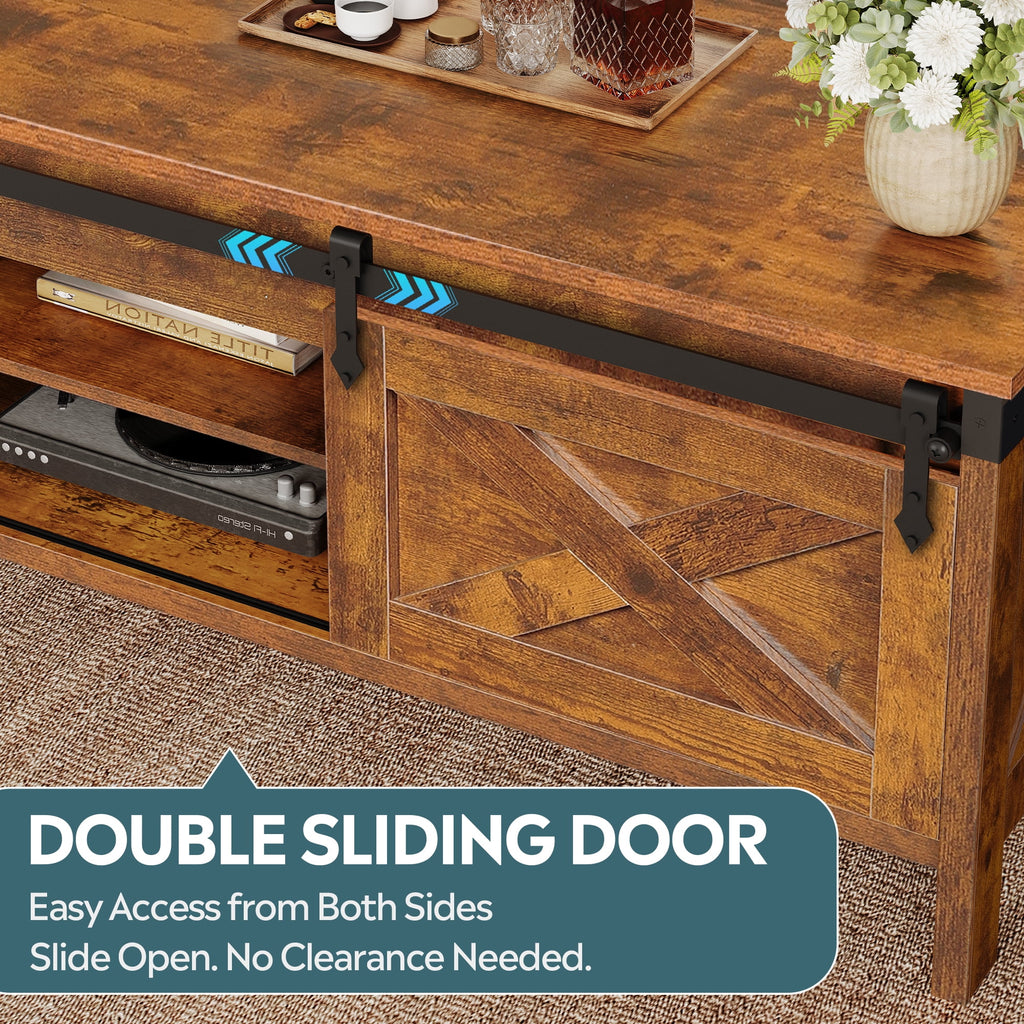 GALAXHERO 39.4" Farmhouse Large Coffee Table Lift Top Coffee Table with Hidden Storage Compartment Sliding Barn Doors Modern Wood Center Table for Living Room