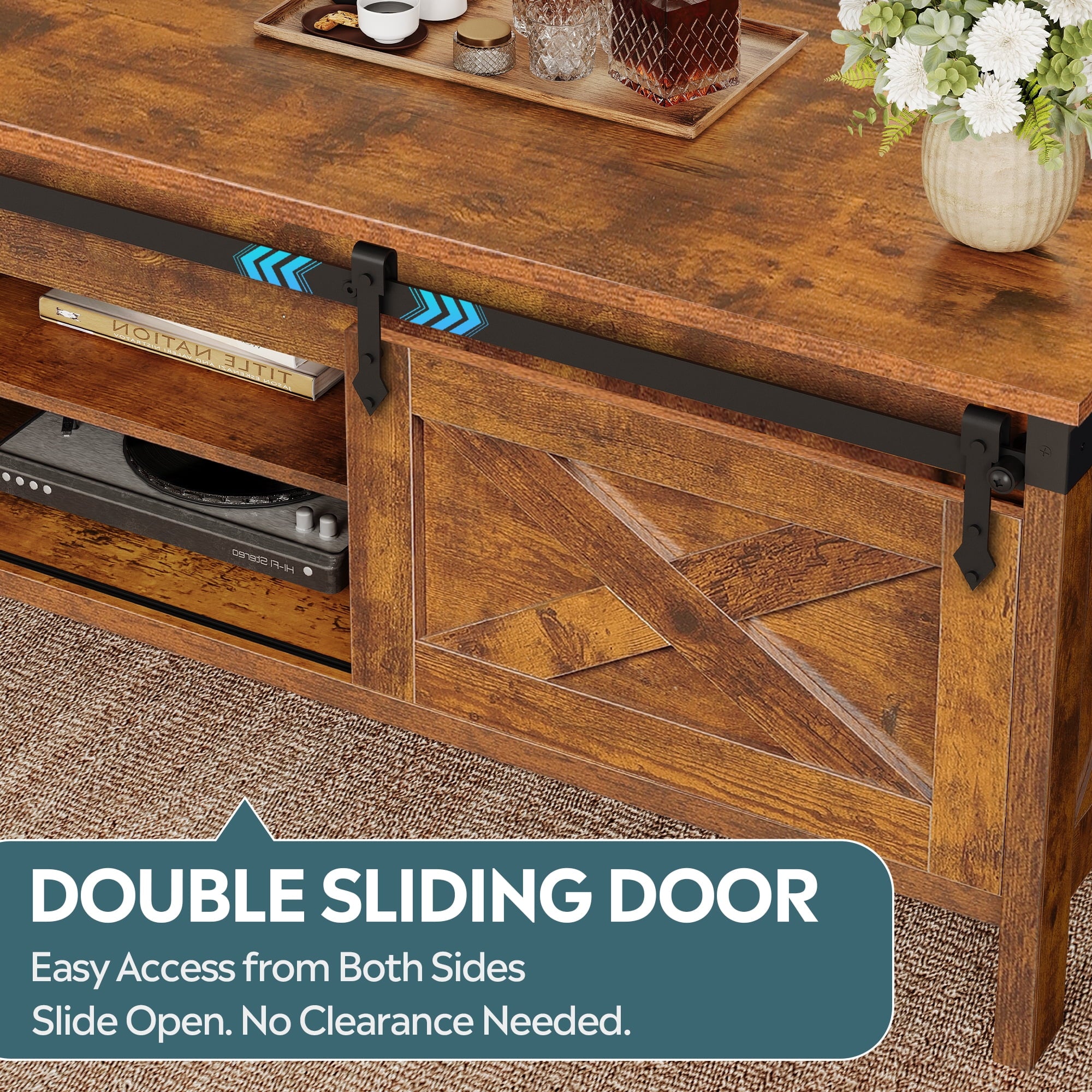 GALAXHERO 39.4" Farmhouse Large Coffee Table Lift Top Coffee Table with Hidden Storage Compartment Sliding Barn Doors Modern Wood Center Table for Living Room