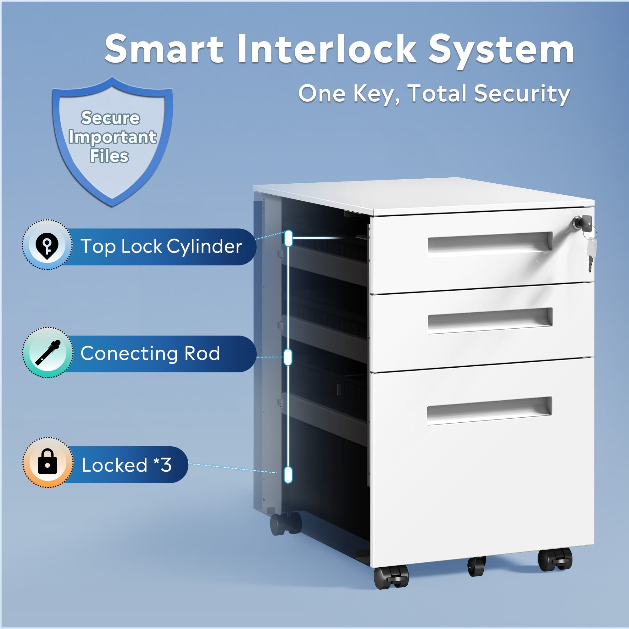 GALAXHERO Small 3-Drawer Mobile Metal File Cabinet (Assembled Except Casters), Under Desk Storage Cabinet with Lock and Key, Fits Letter/Legal/A4 Sizes