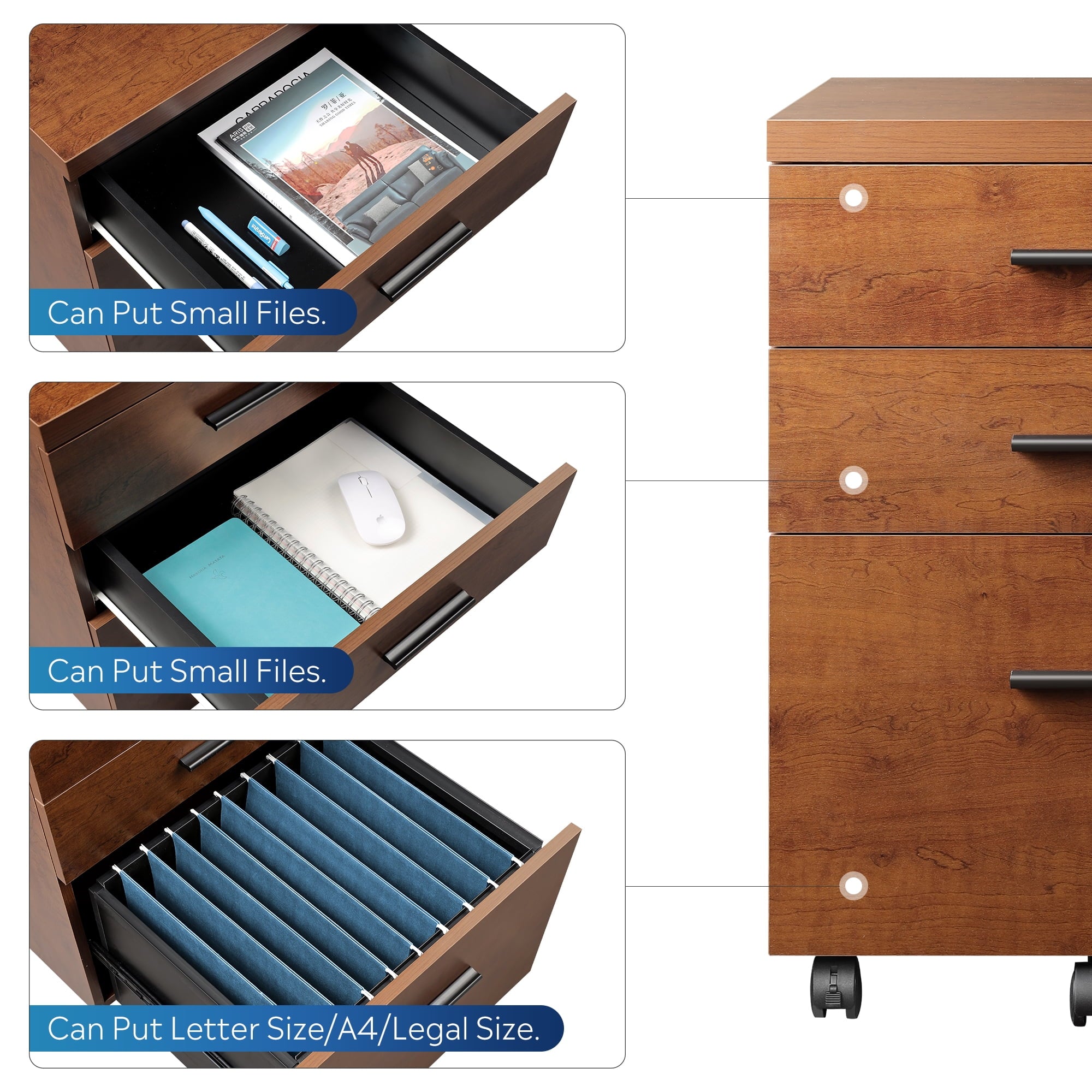 GALAXHERO 3 Drawer Storage Cabinet, Wood Rolling File Cabinet with Whells, Printer Stand Filing Cabinet for Home Office, Fit Letter/A4