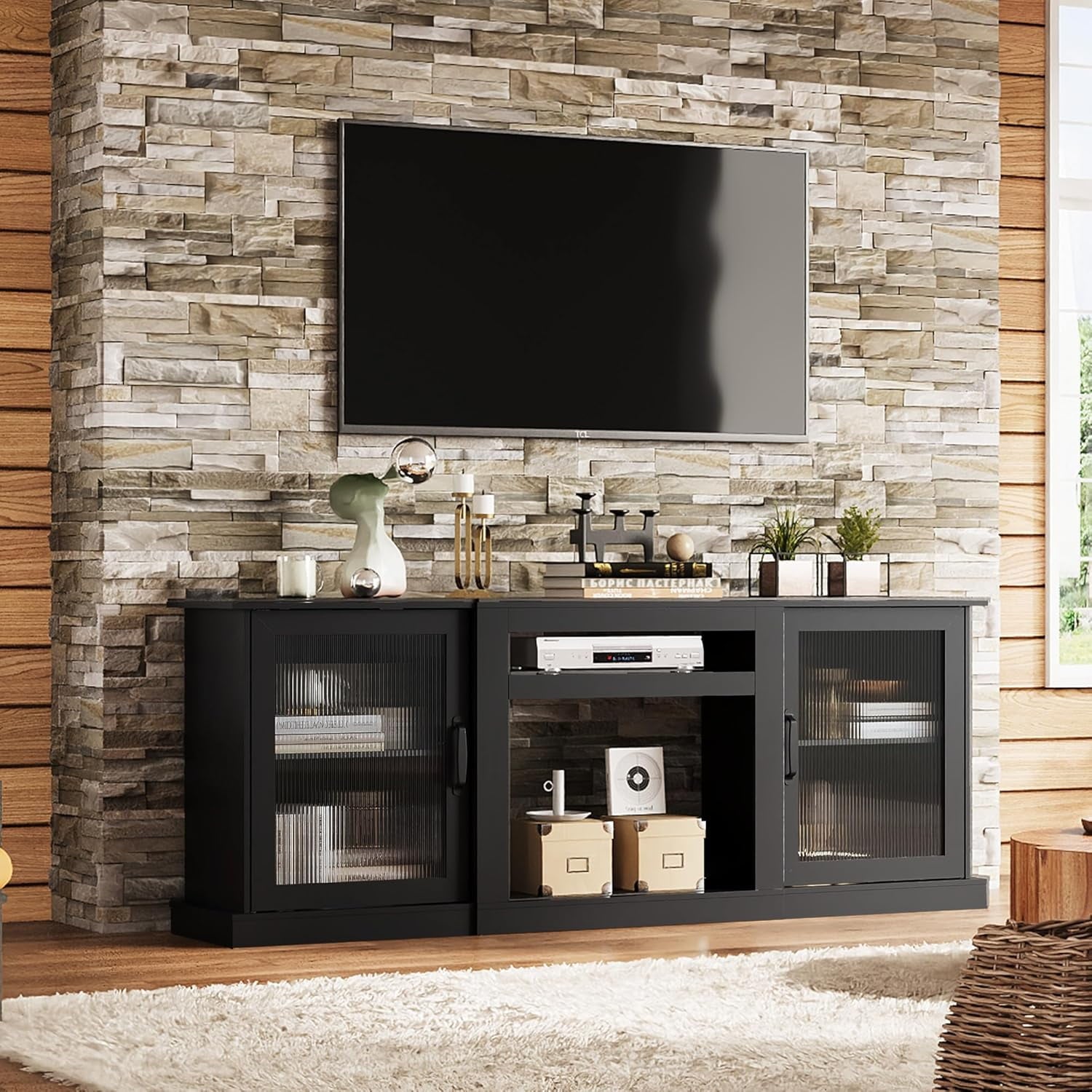 GALAXHERO Farmhouse TV Stand for 75 inch TV Entertainment Center with Storage Cabinets Mid Century Modern TV Console for Living Room, Bedroom
